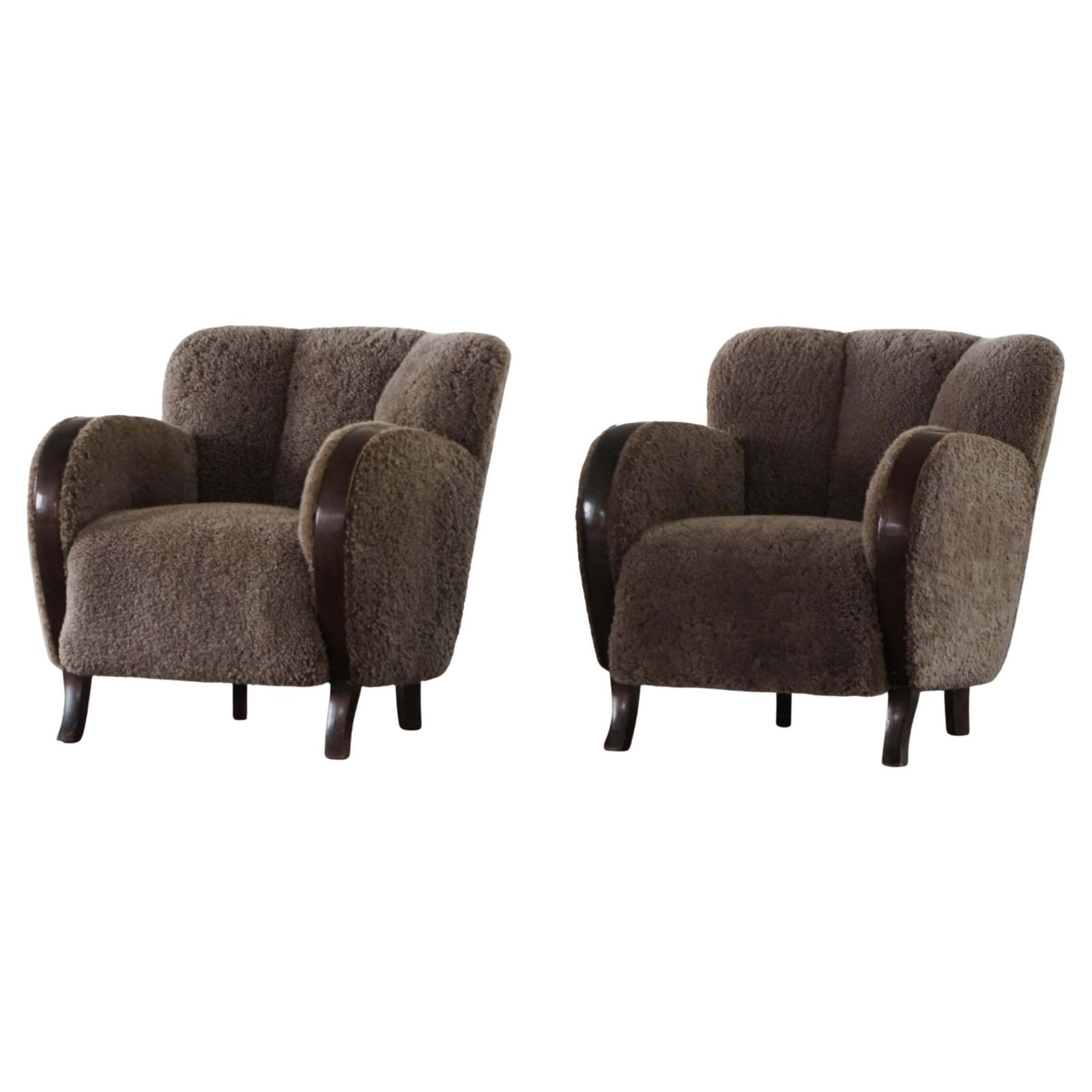 Pair Of Danish Modern Art Deco Lounge Chairs In Lambswool & Birch, 1940s