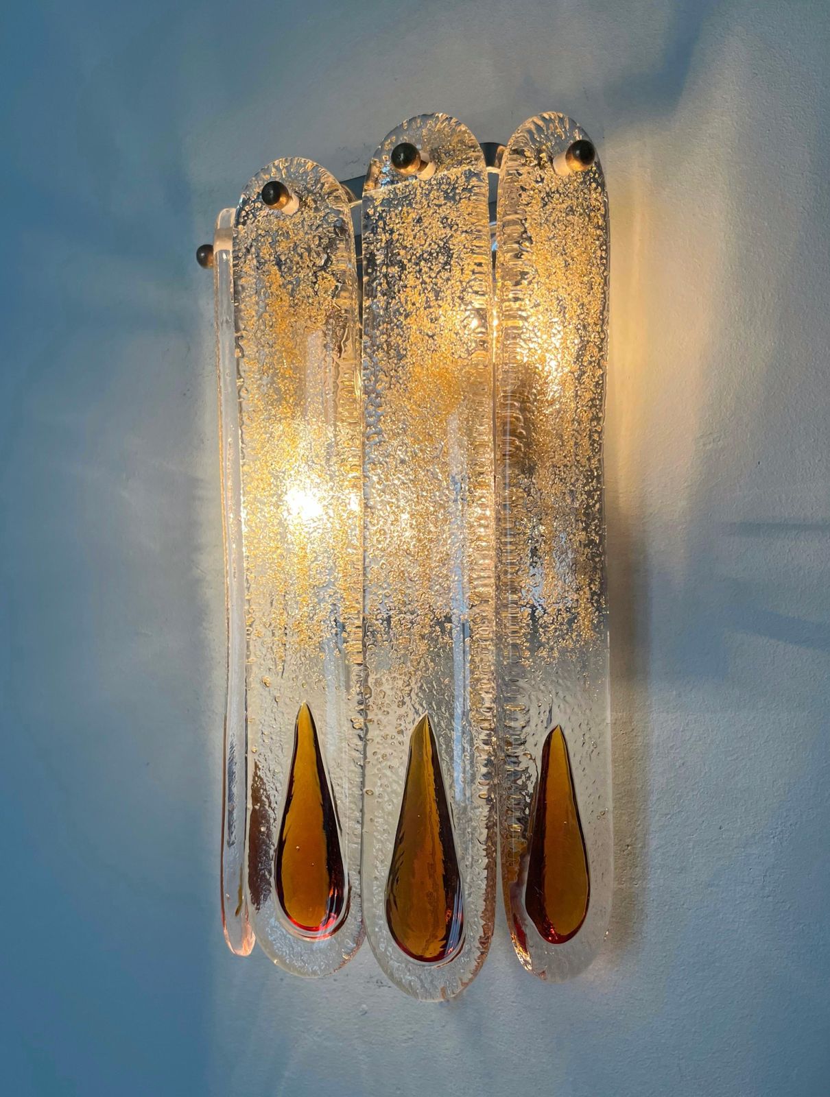 Italian Mid Century Set Of Three Amber Murano Wall Sconces By Mazzega, 1970s photo for sale