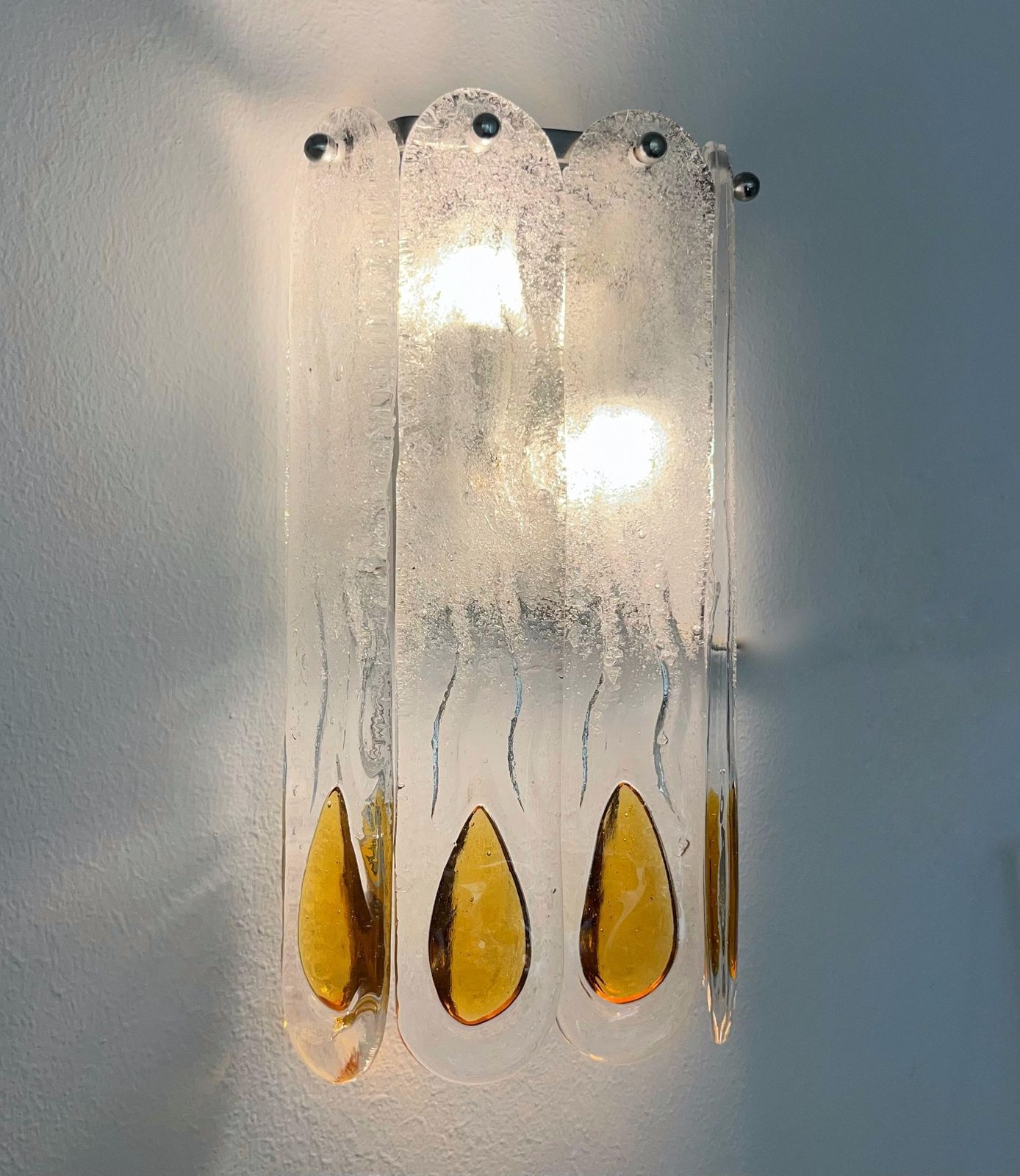 Italian Midcentury Set Of Three Amber Murano Wall Sconces By Mazzega, 1970s photo for sale