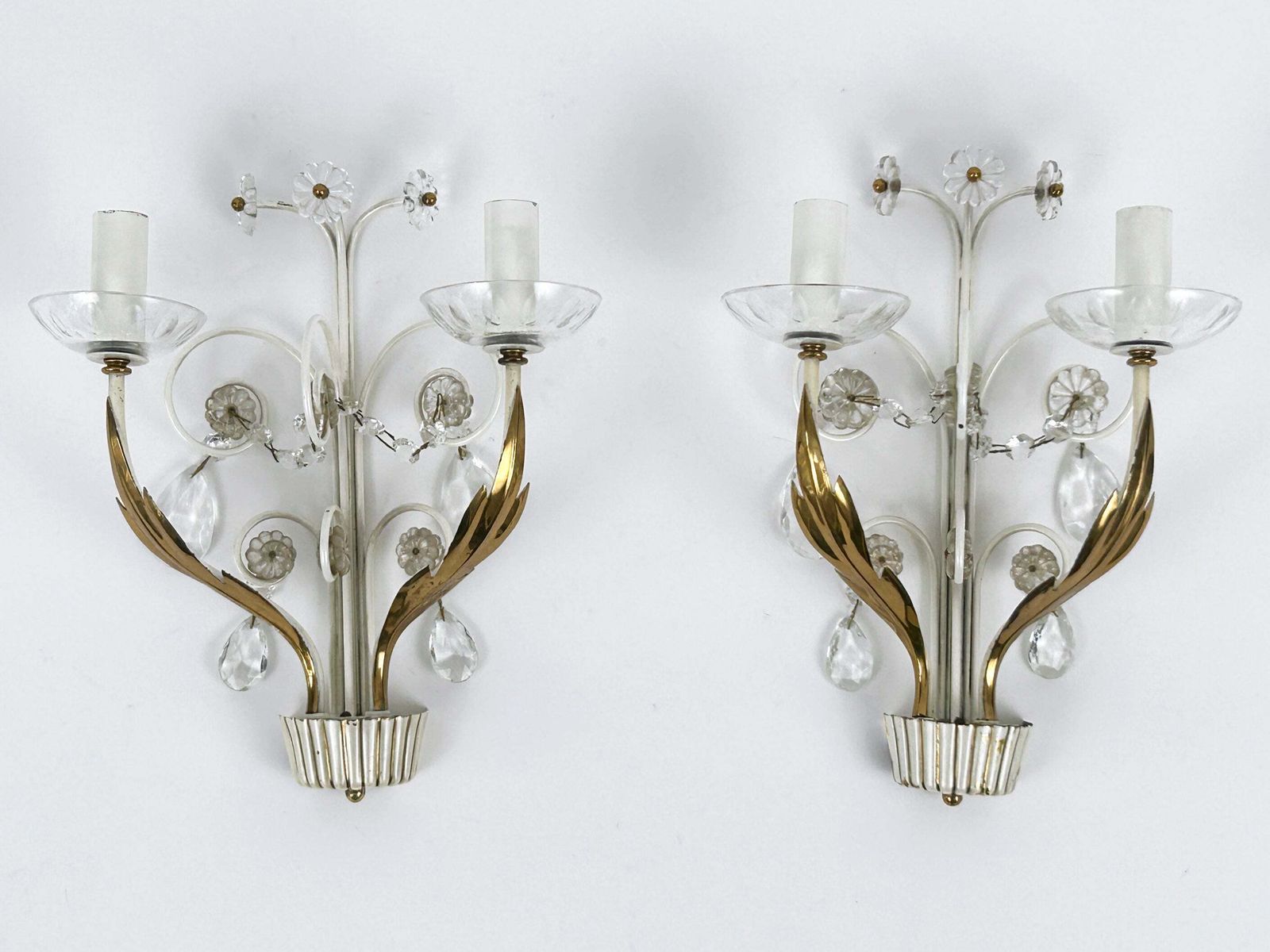 Set Of Two Elegant Brass & Glass Sconces By Vereinigte Werkstätten 1960s
