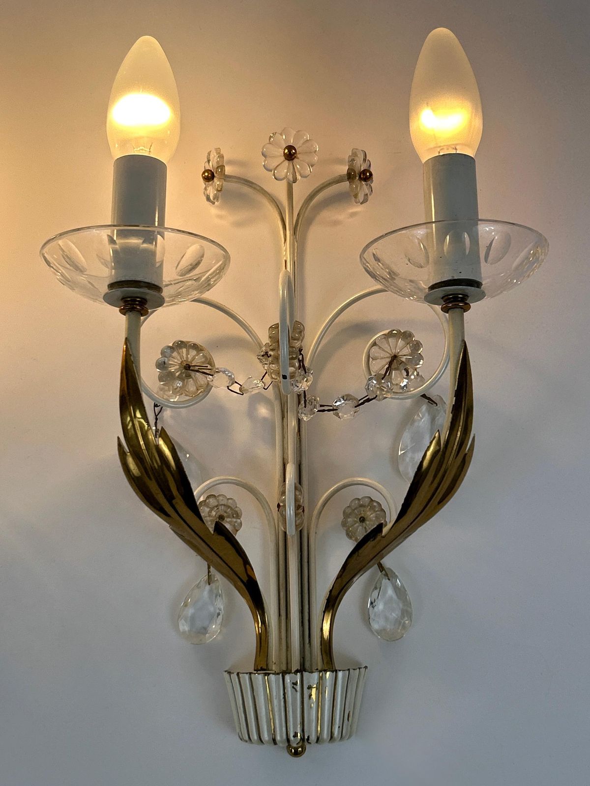 Set Of Two Elegant Brass & Glass Sconces By Vereinigte Werkstätten 1960s photo buy