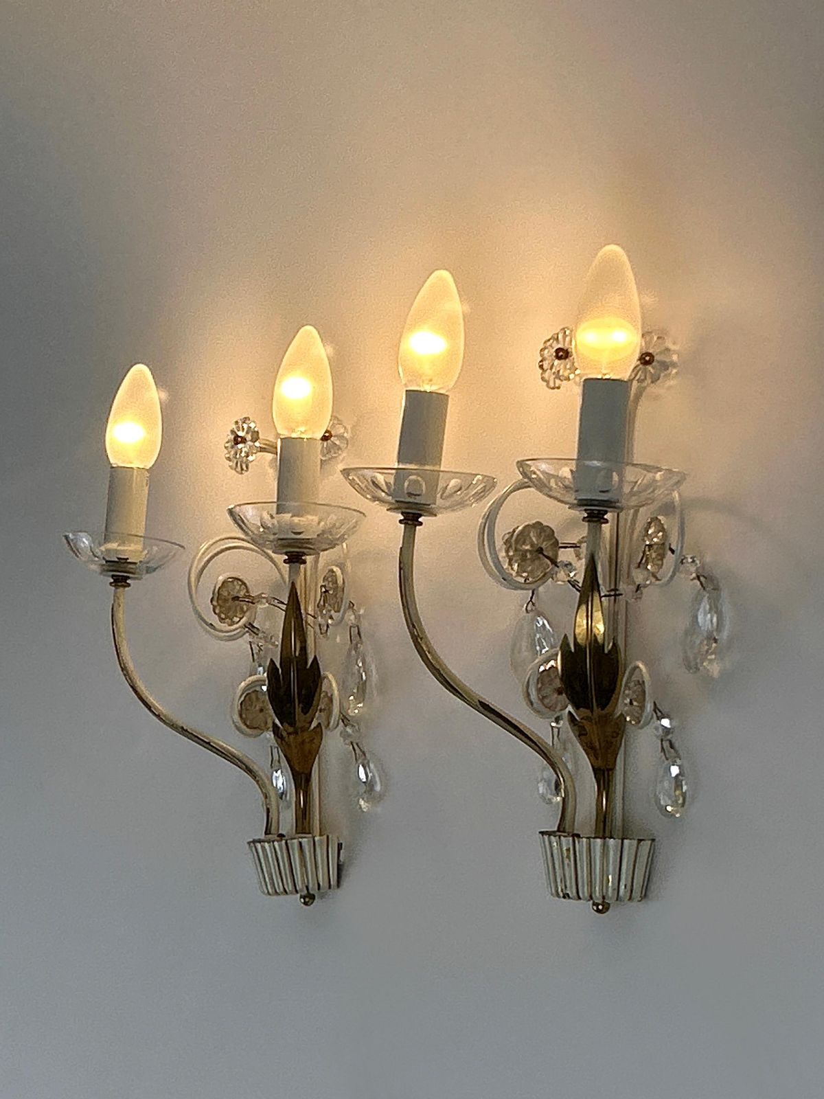 photo buy Set Of Two Elegant Brass & Glass Sconces By Vereinigte Werkstätten 1960s