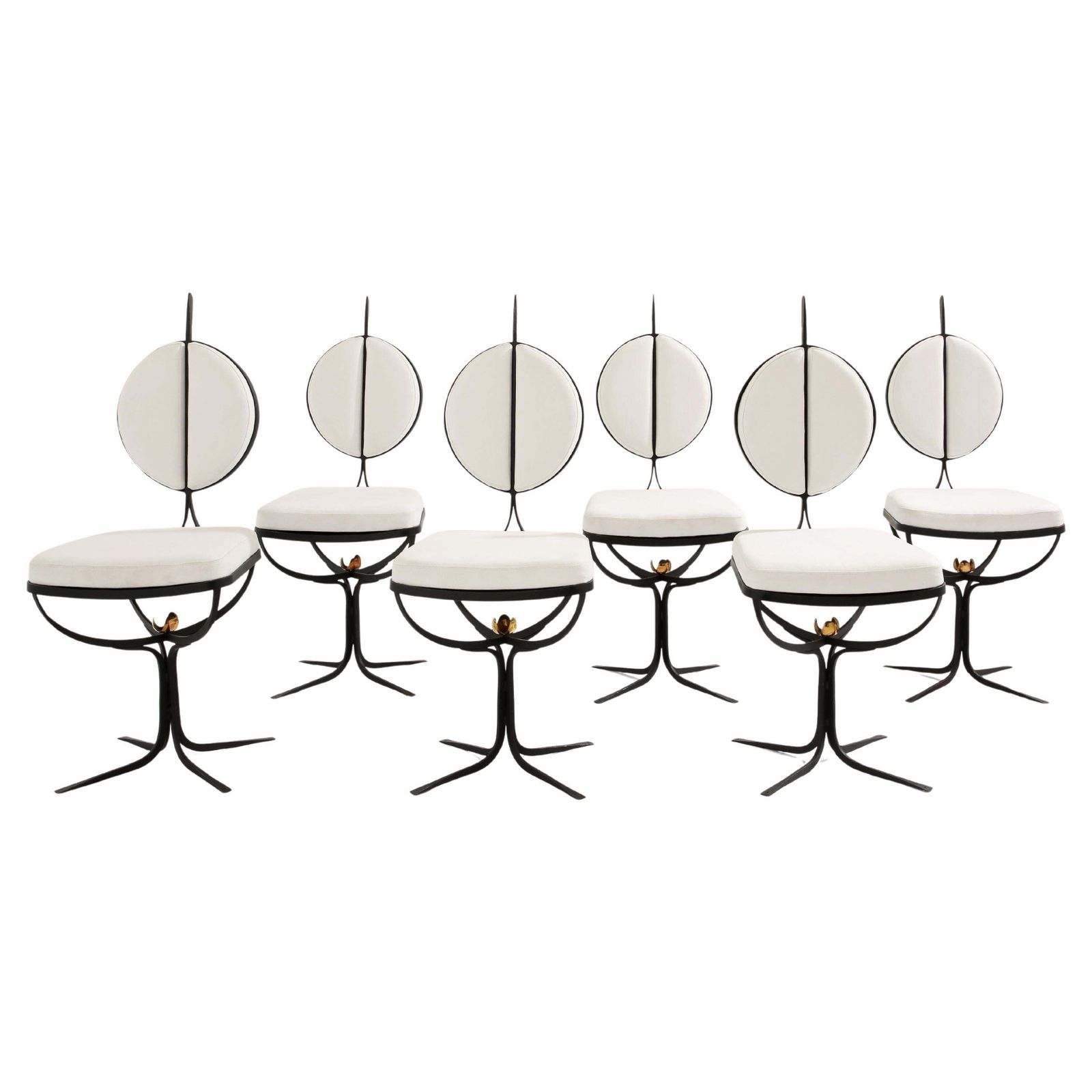 Ensemble de 6 chaises brutalistes françaises en fer forgé et Alcantara, 1990