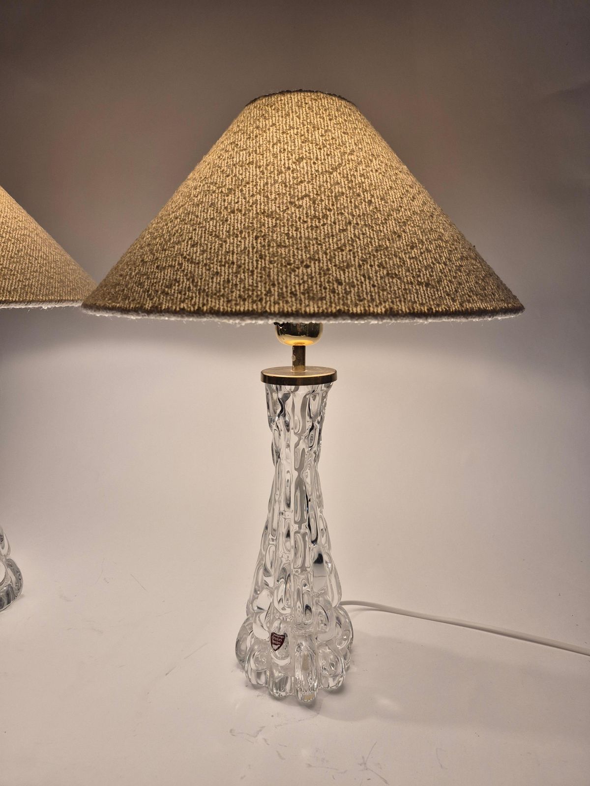 Elegant Pair Of Scandinavian Modern Table Lamps With Orrefors Glass And Brass photo vinterior