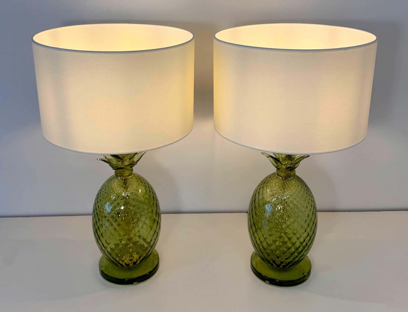 Pair Of Italian Art Deco Pineapple Murano Glass Lamps With Lampshades photo for sale