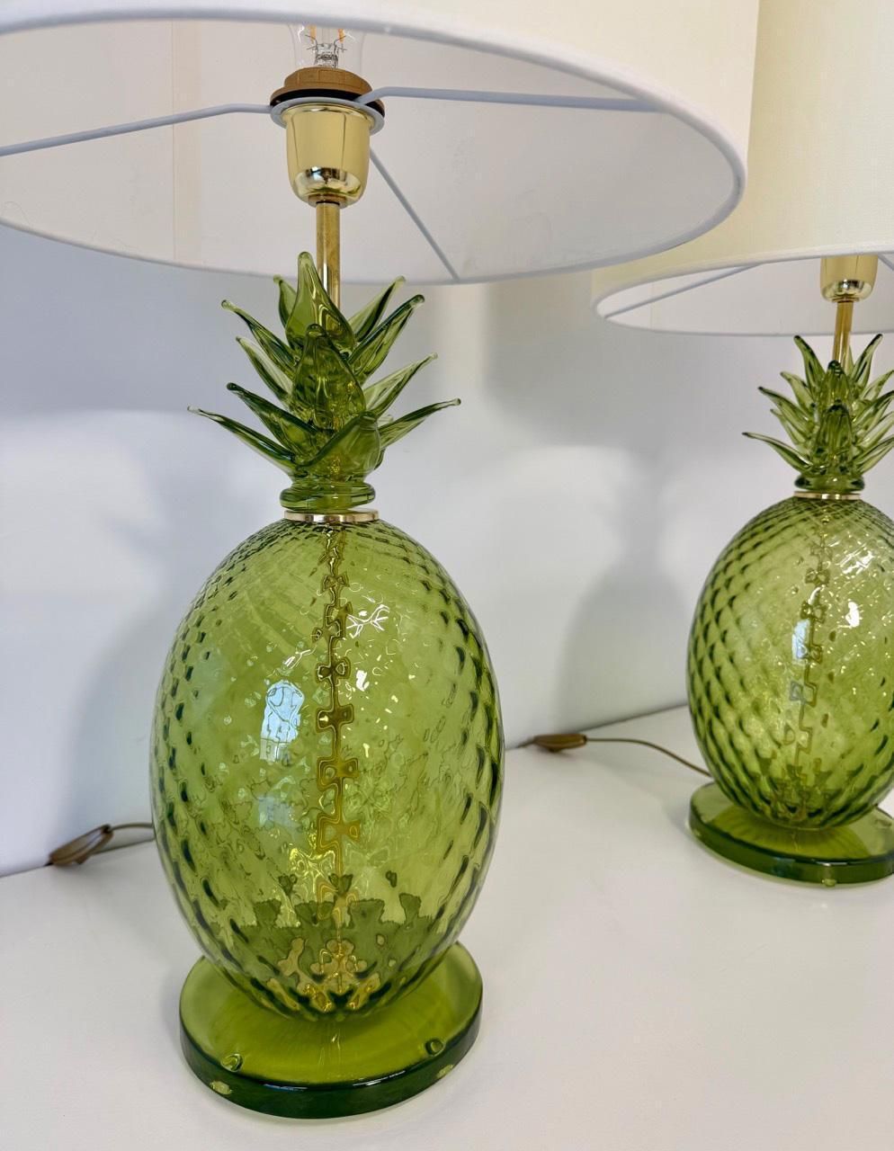 3369.0 Pair Of Italian Art Deco Pineapple Murano Glass Lamps With Lampshades photo
