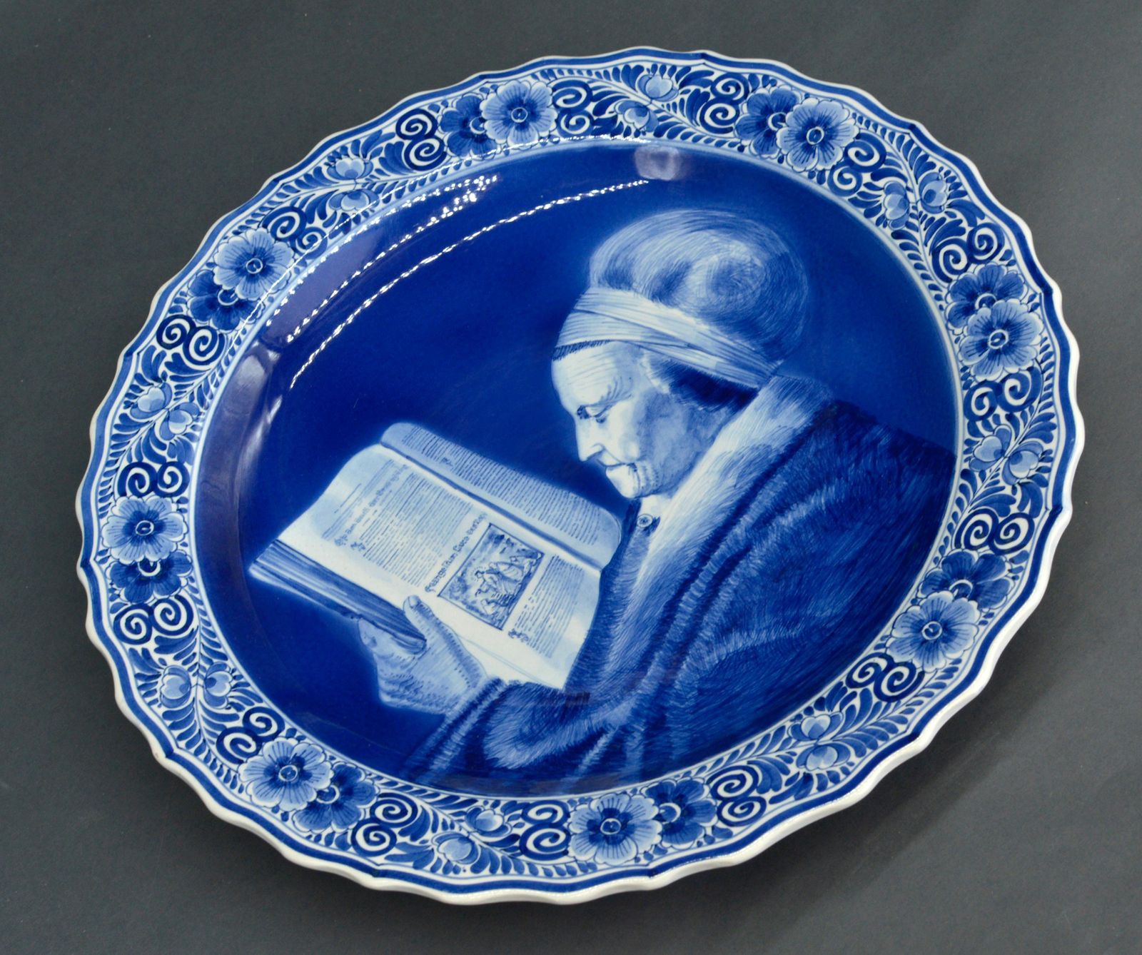 Delfts Blauw Big Wall Plate “Rembrandt's Mother” After Gerard Dou1940's photo furniture