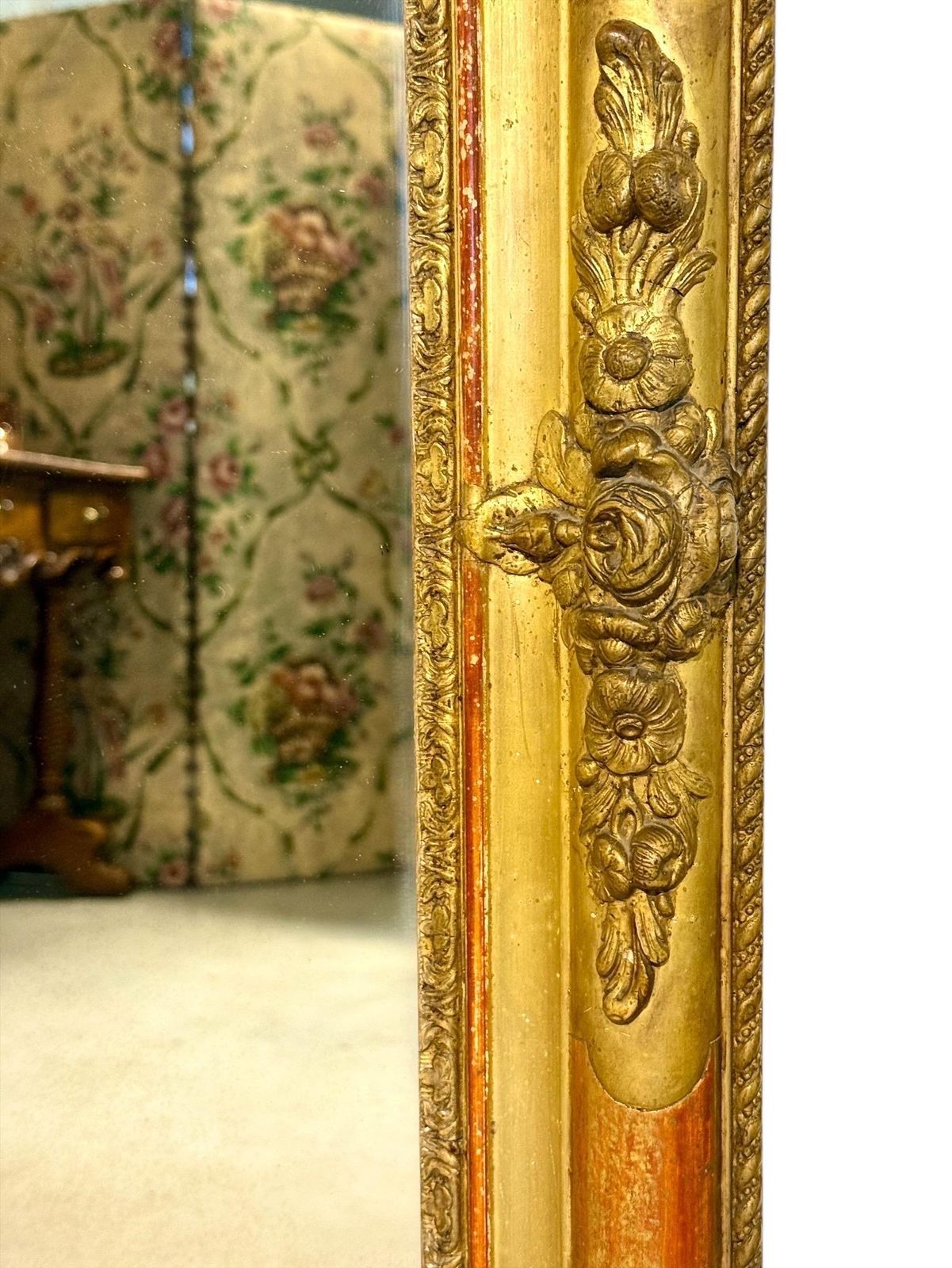 Large French Napoleon III Giltwood Mirror With Floral Carved Frame photo furniture
