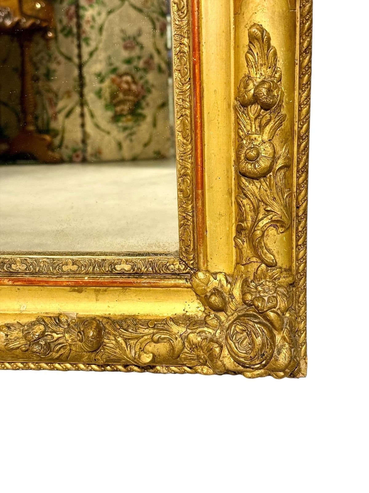 Large French Napoleon III Giltwood Mirror With Floral Carved Frame photo for sale