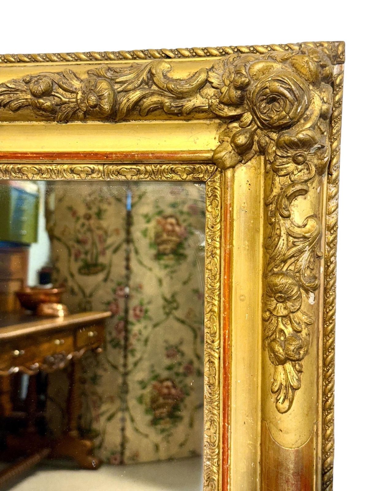 Large French Napoleon III Giltwood Mirror With Floral Carved Frame photo vintage