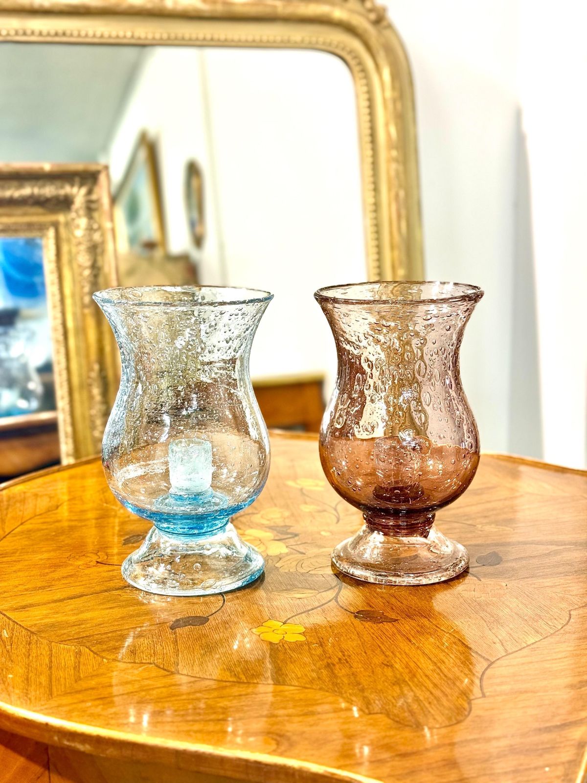 Pair Of French Biot Bubble Glass Hurricane Candle Holders photo furniture