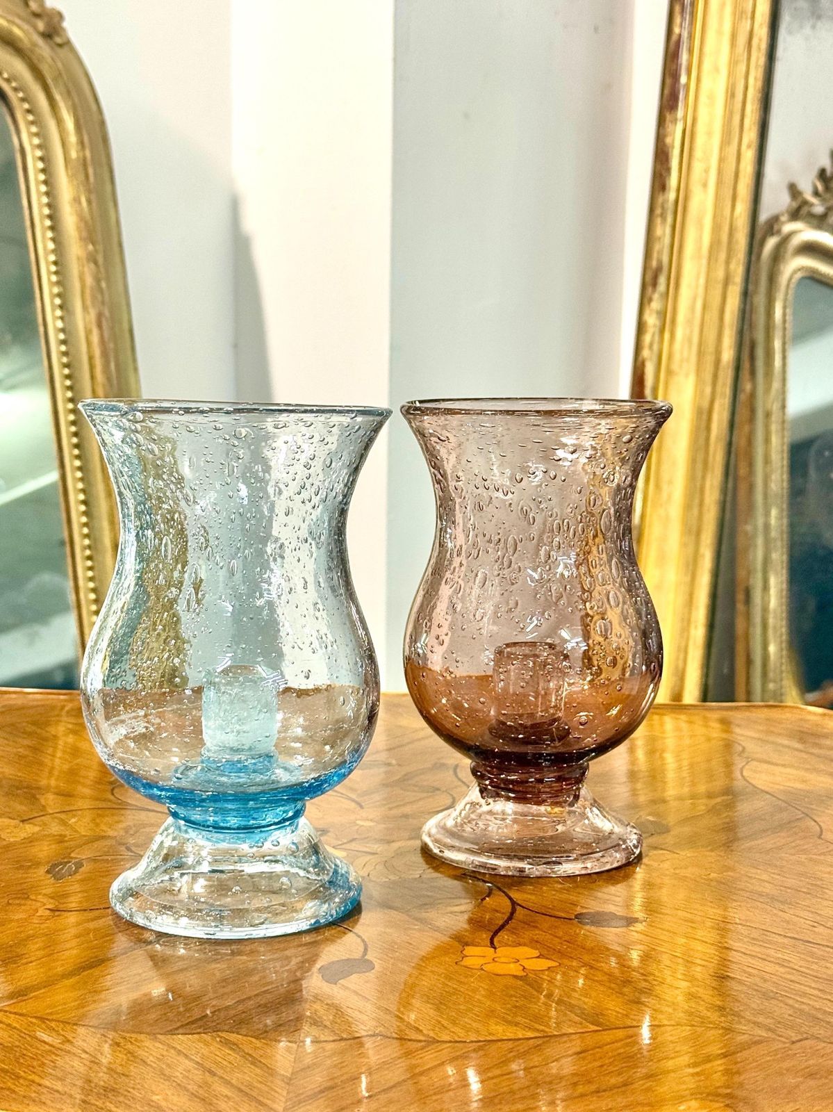 489.0 Pair Of French Biot Bubble Glass Hurricane Candle Holders photo