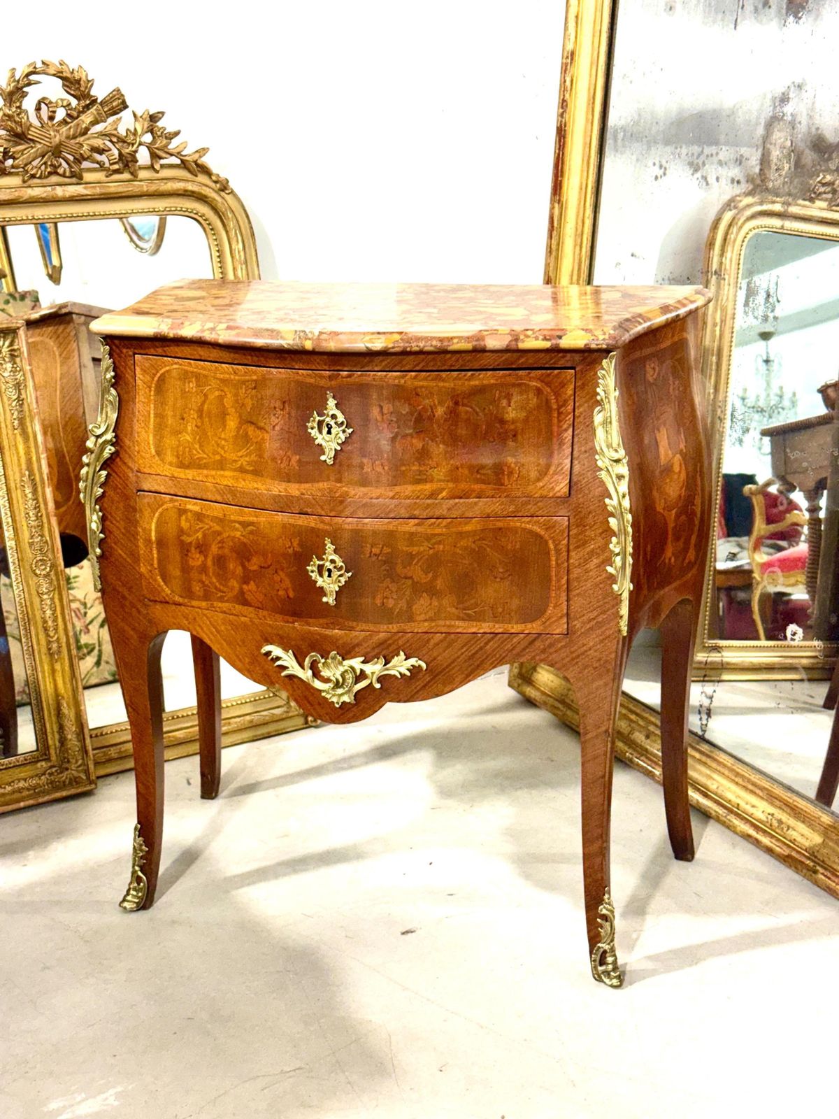 Louis XV Style Marquetry Commode With Breche Marble Top, France 19th Century photo furniture