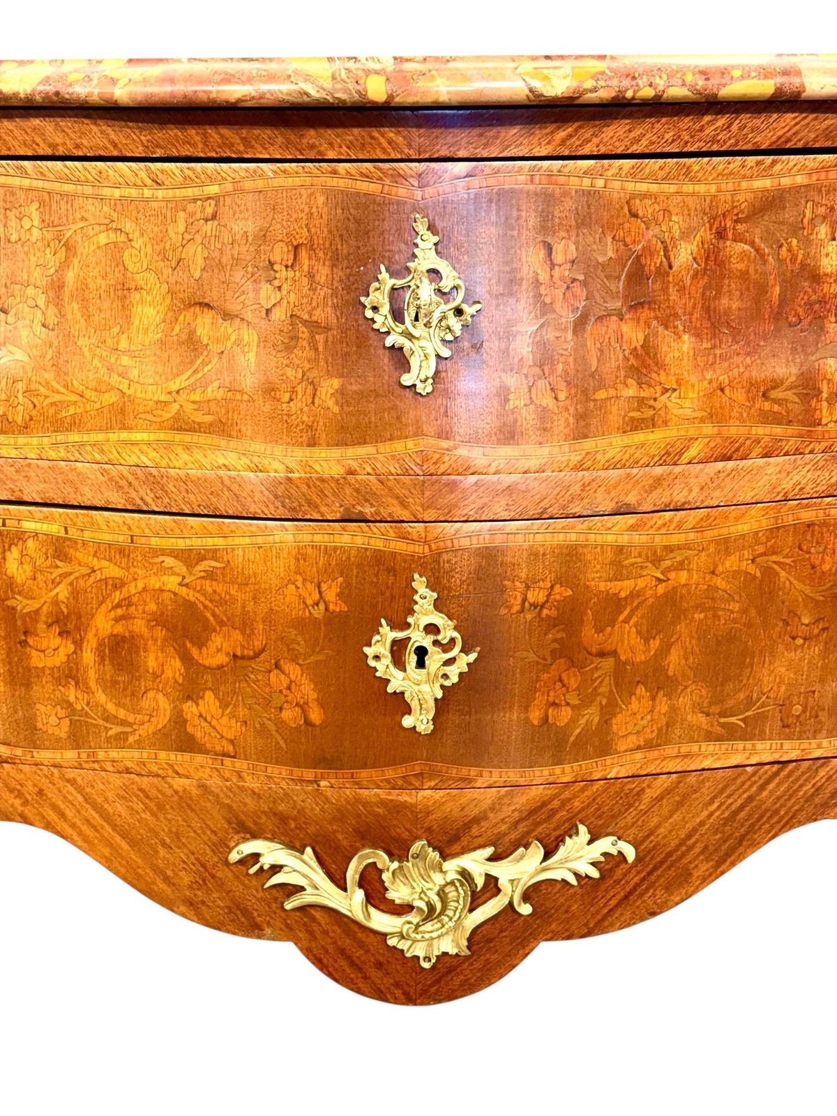 Louis XV Style Marquetry Commode With Breche Marble Top, France 19th Century photo for sale
