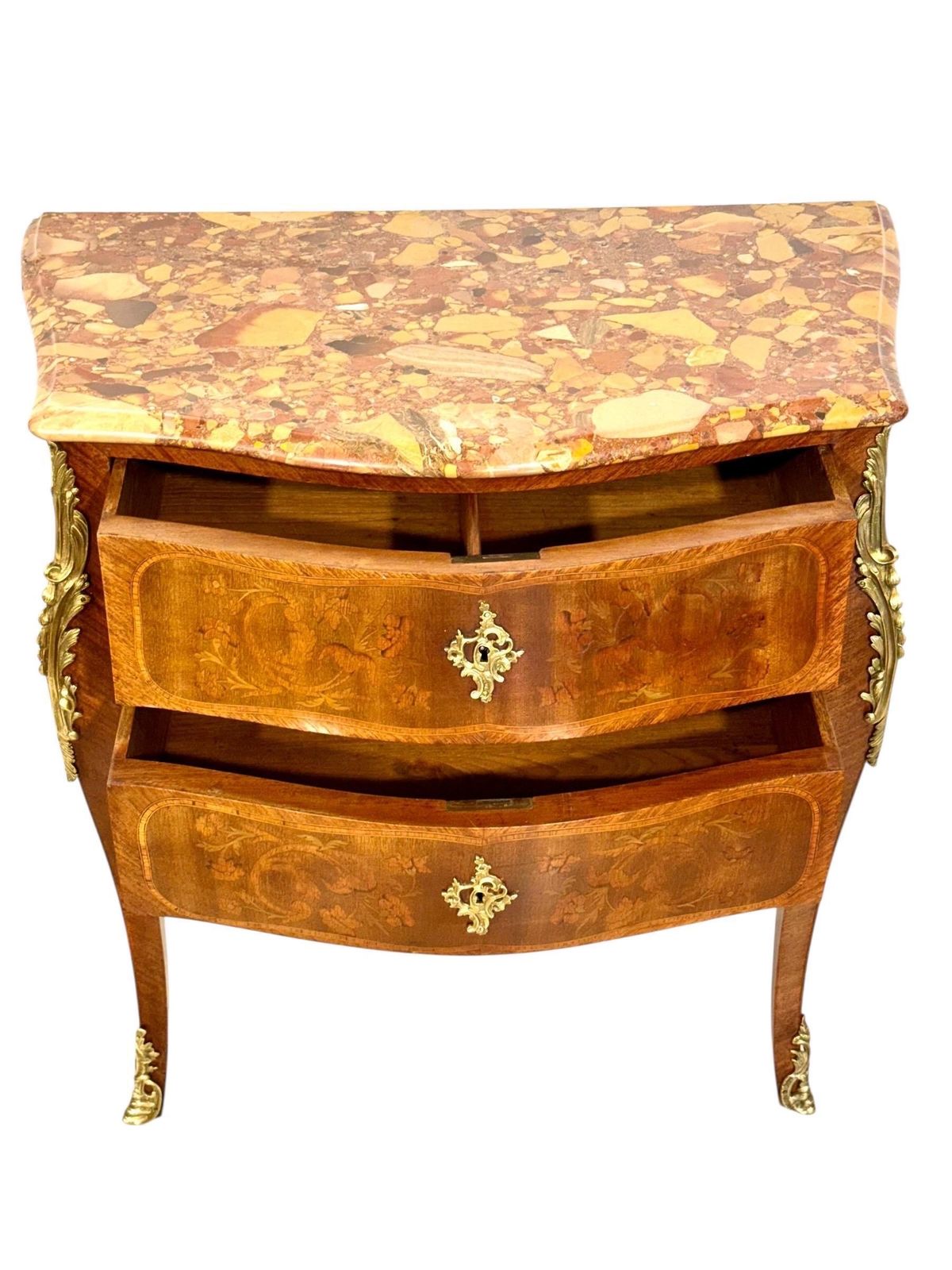 Furniture Louis XV Style Marquetry Commode With Breche Marble Top, France 19th Century photo