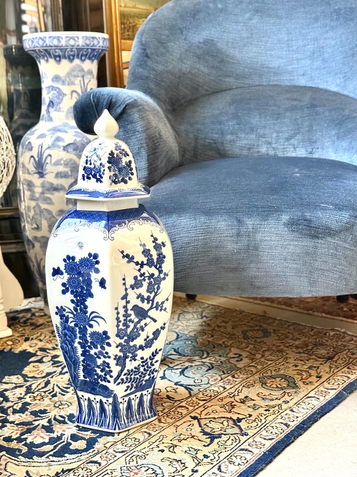 Large Blue And White Hexagonal Lidded Porcelain Vase, Chinoiserie photo furniture