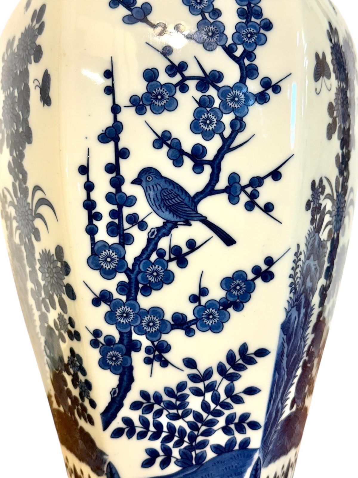 Large Blue And White Hexagonal Lidded Porcelain Vase, Chinoiserie photo for sale