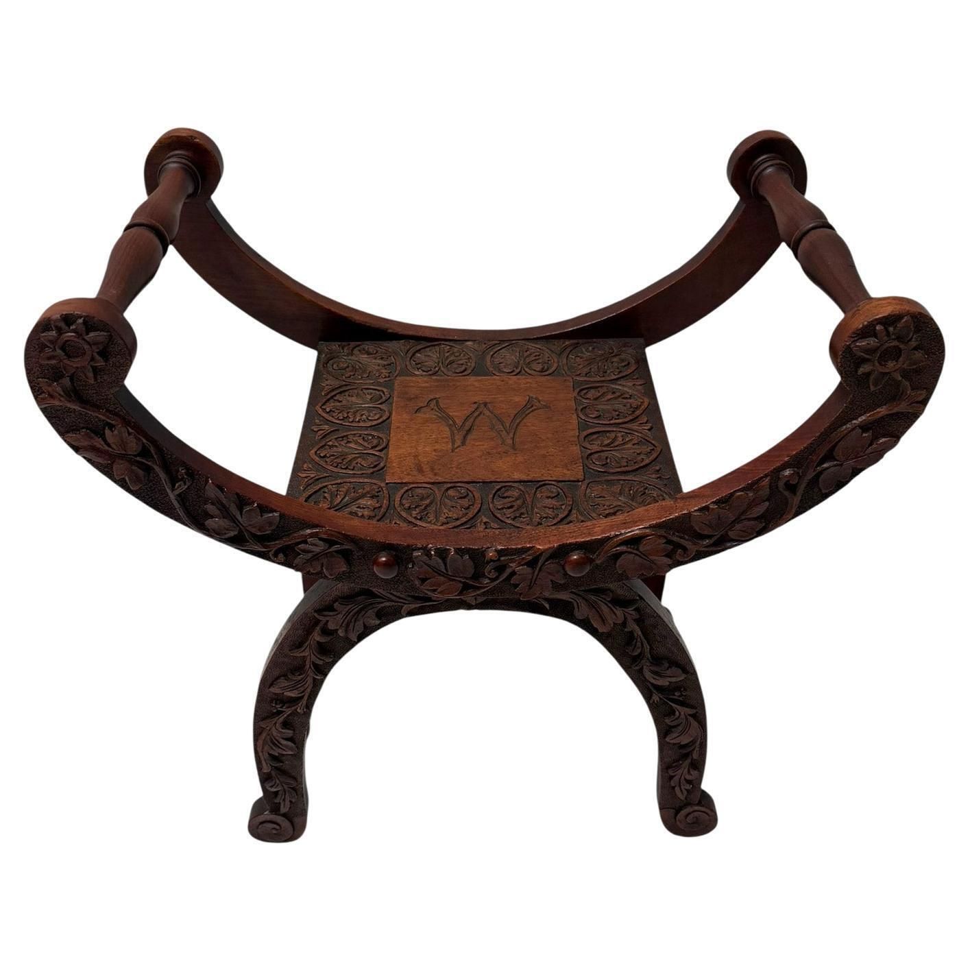 Art Nouveau Walnut Savonarola Hand Carved Stool, 1900s