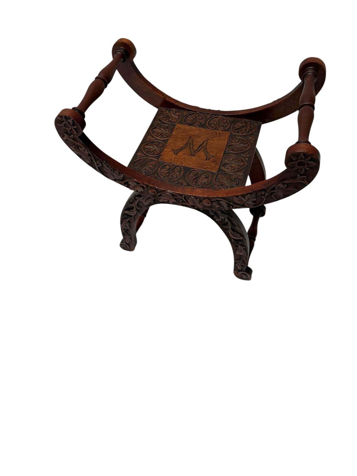 Art Nouveau Walnut Savonarola Hand Carved Stool, 1900s photo for sale