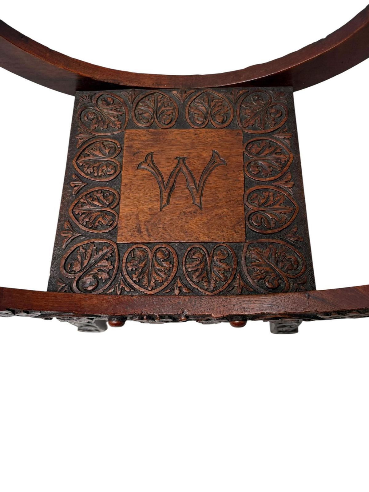 Art Nouveau Walnut Savonarola Hand Carved Stool, 1900s photo vintage