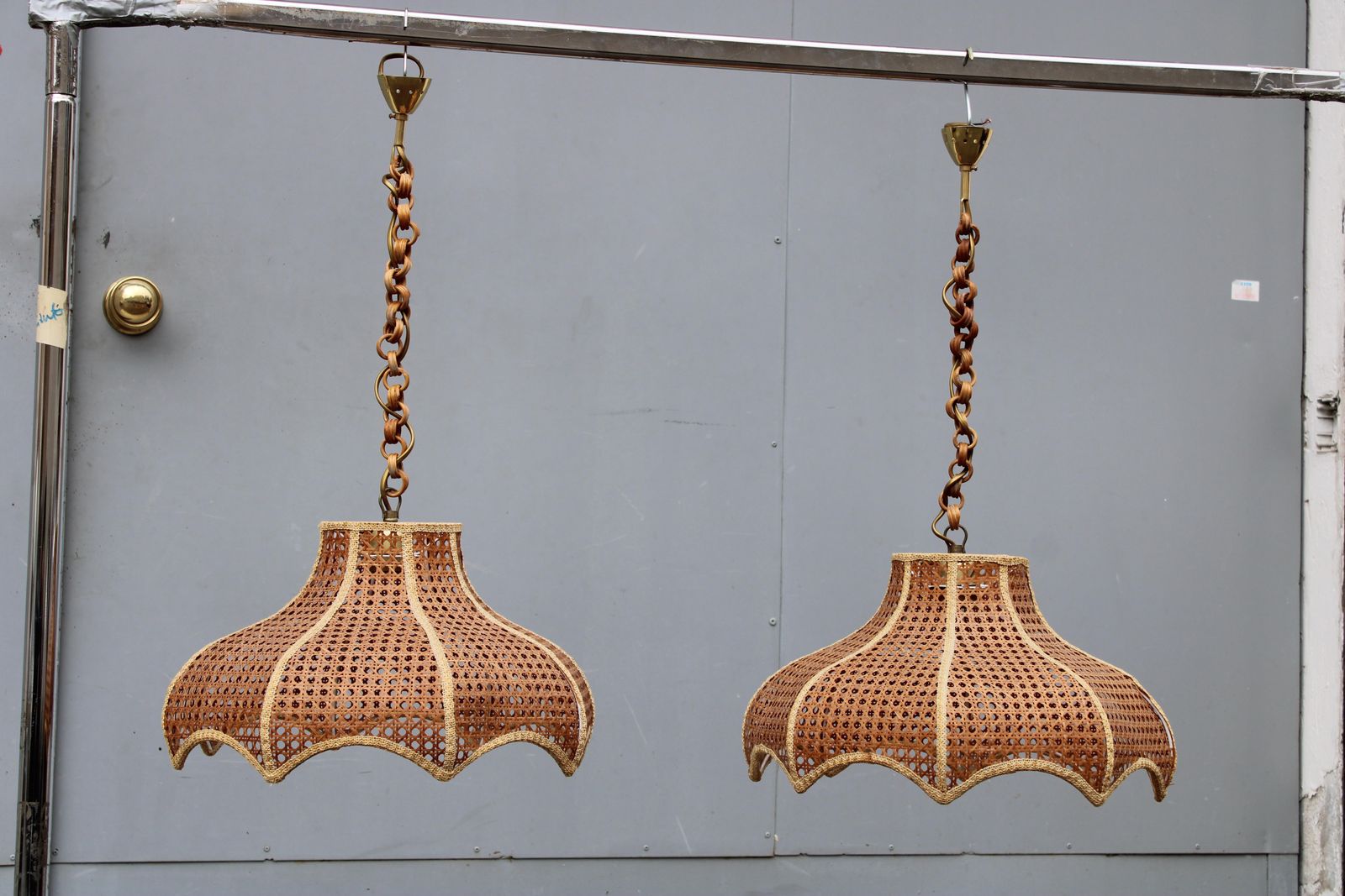 Pair Of Viennese Straw Chandeliers 1970 Italy Bamboo And Brass photo furniture