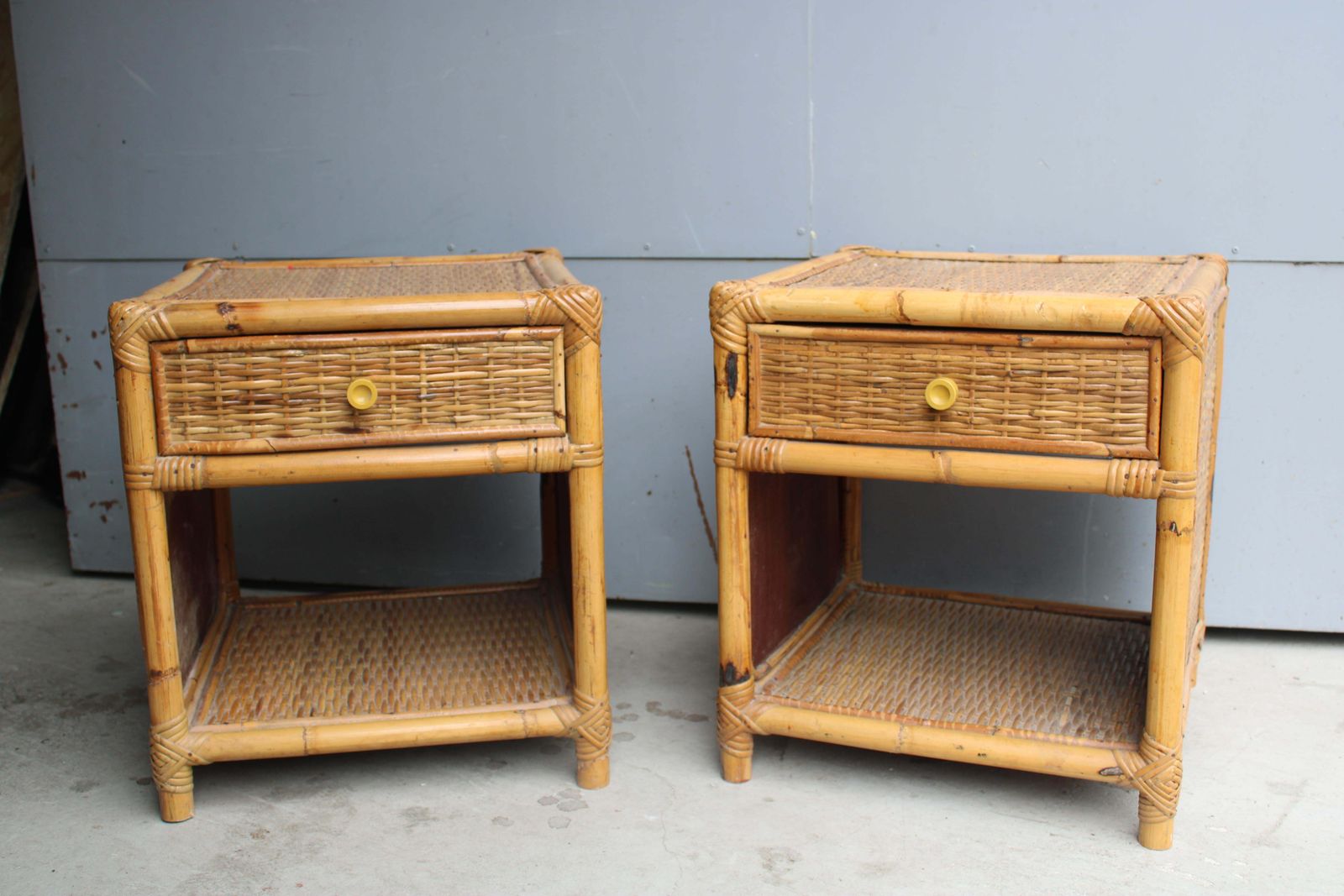 Pair Of Cube Shaped Bamboo Bedside Table With Drawer And Shelf Italy 1970s photo furniture