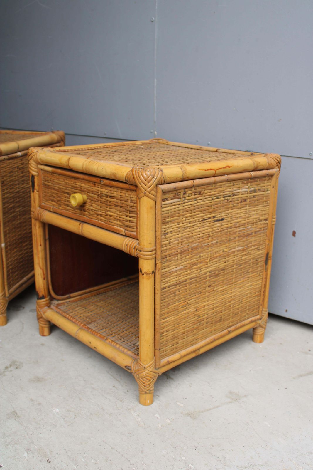 Pair Of Cube Shaped Bamboo Bedside Table With Drawer And Shelf Italy 1970s photo buy