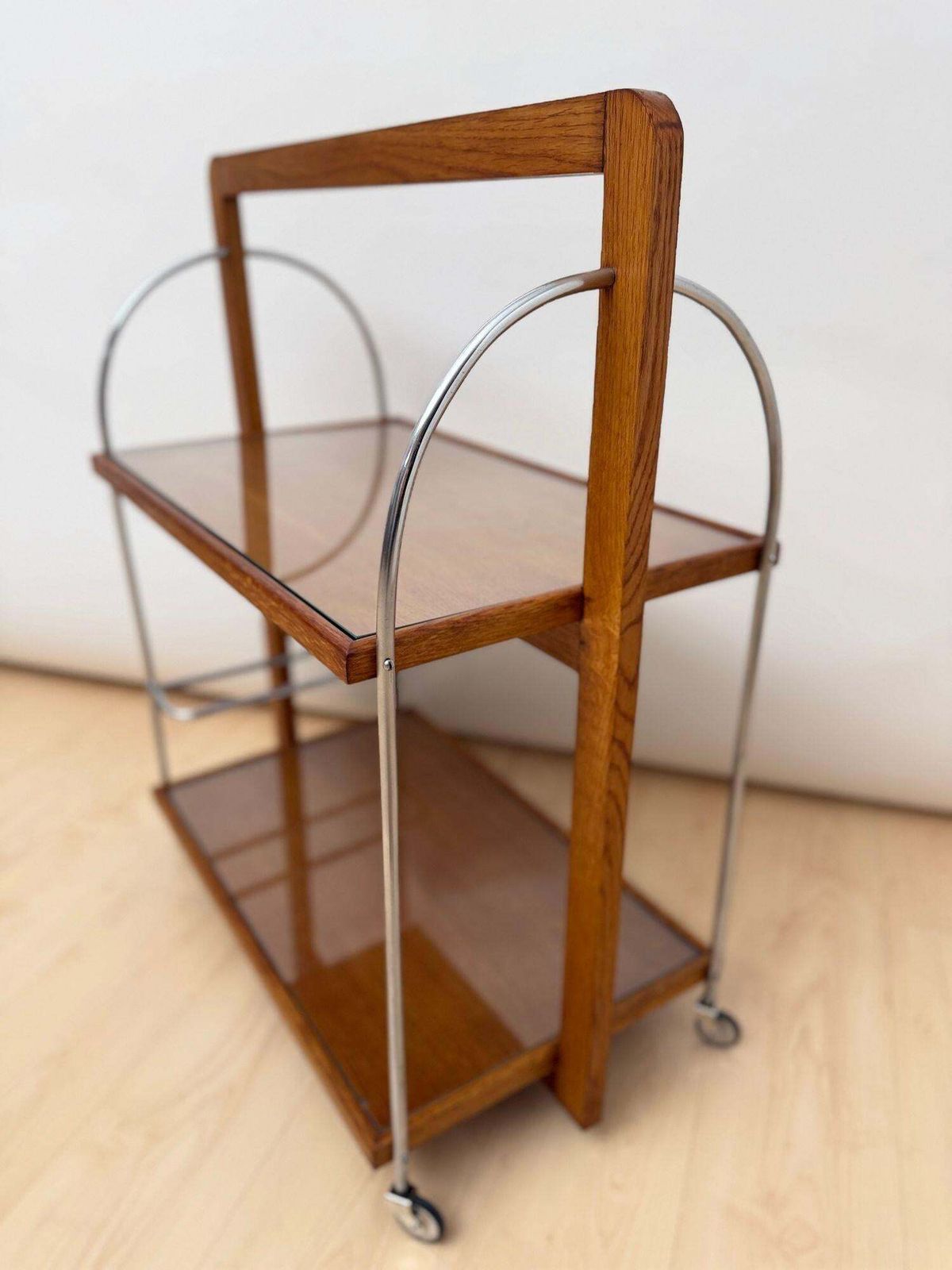 Art Deco Serving Trolley, Oak Wood, Chrome And Glass, France Circa 1930 photo vinterior