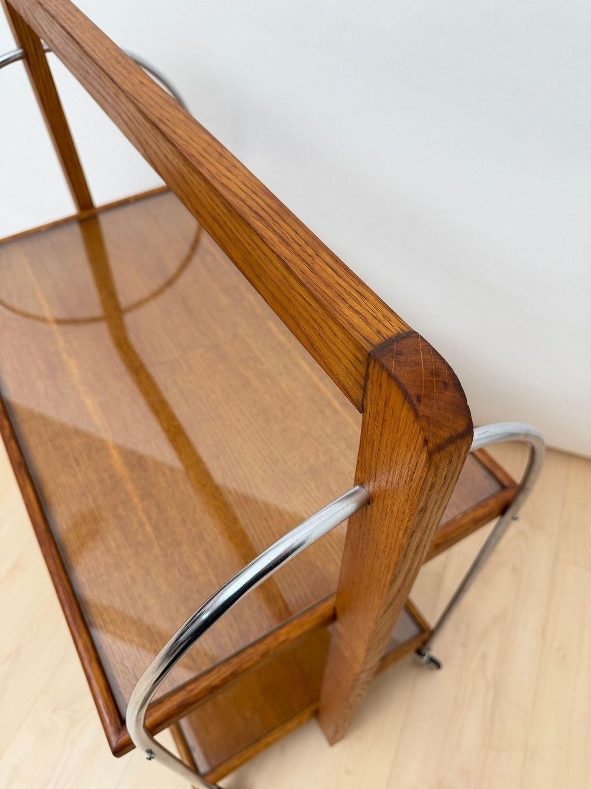 photo furniture Art Deco Serving Trolley, Oak Wood, Chrome And Glass, France Circa 1930