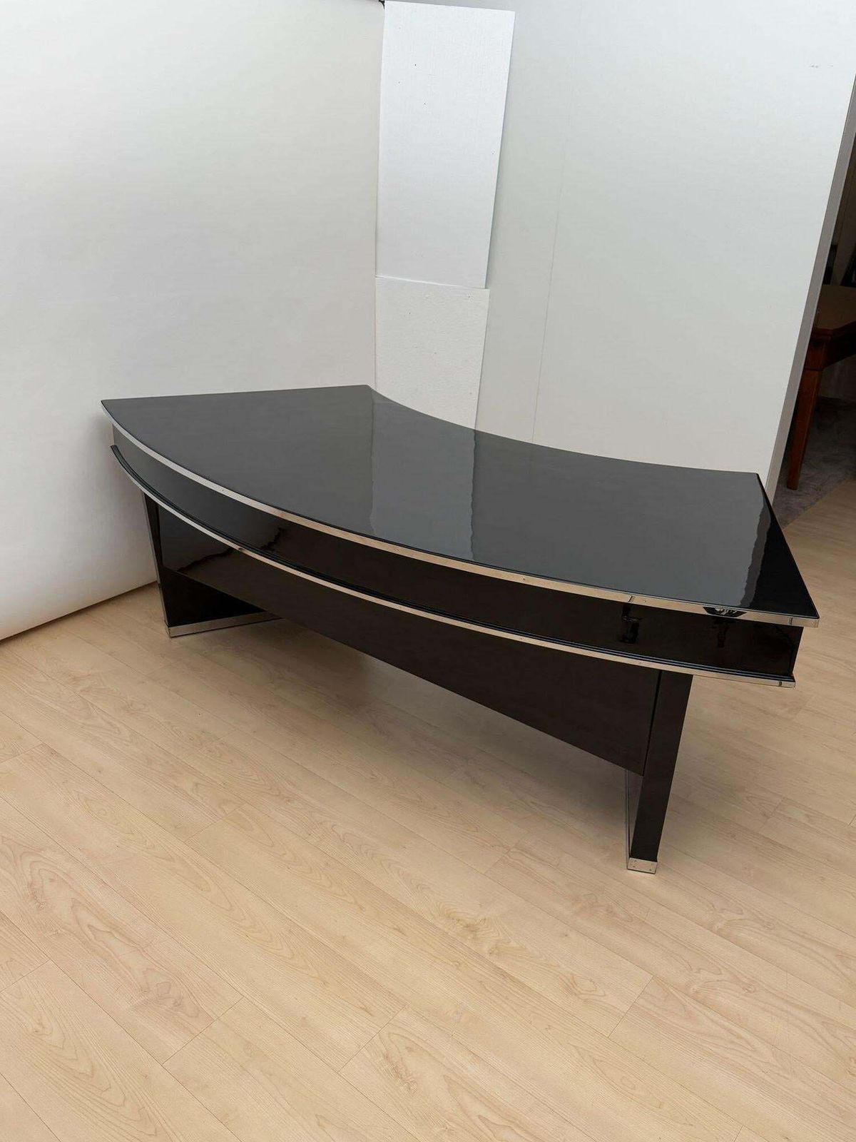 photo buy Art Deco Desk, Black Lacquer, Walnut, Metal, France Circa 1950