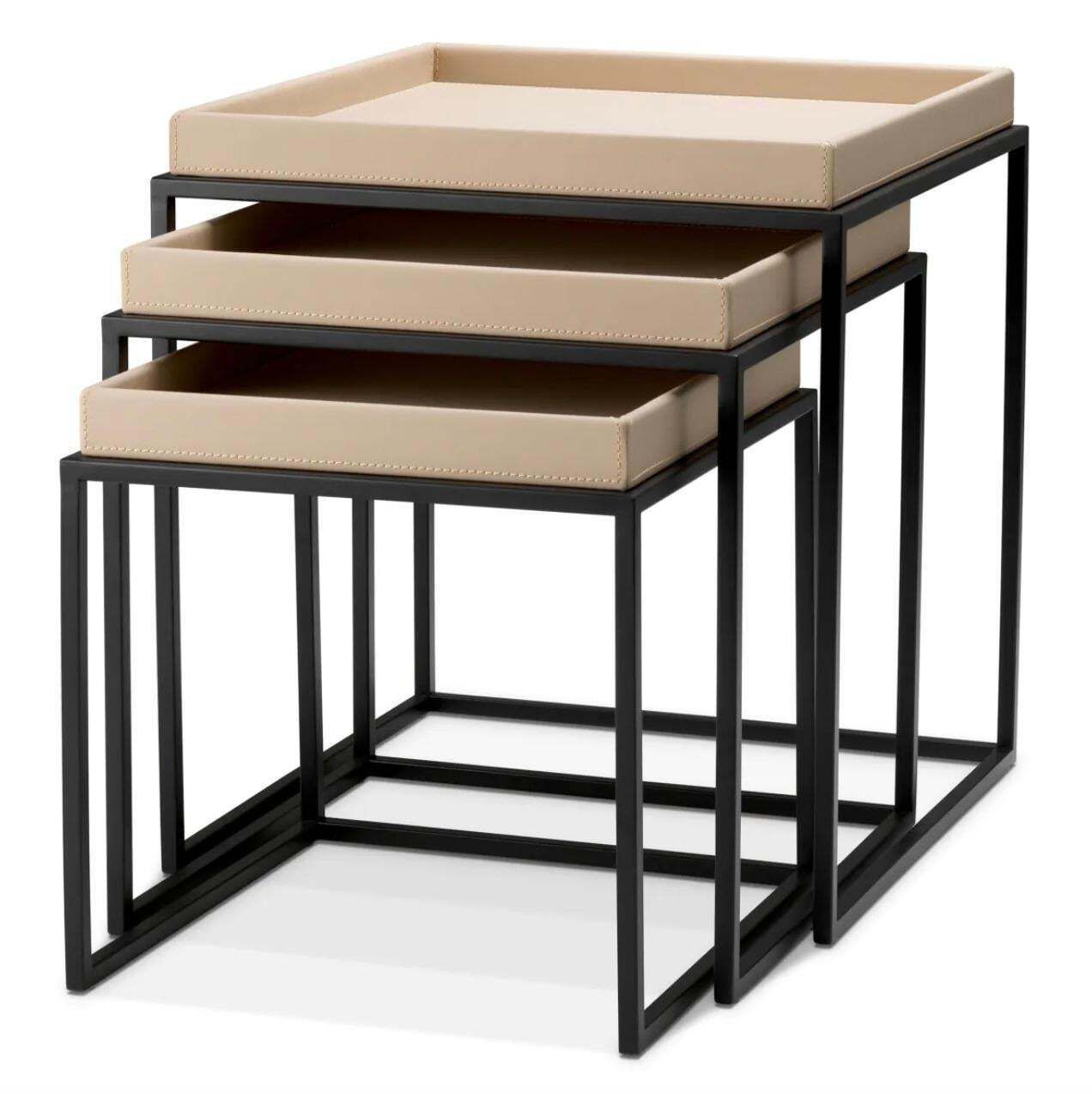 Set Of 3 Side Tables In Light Brown Faux Leather And Matte Black Finish photo furniture