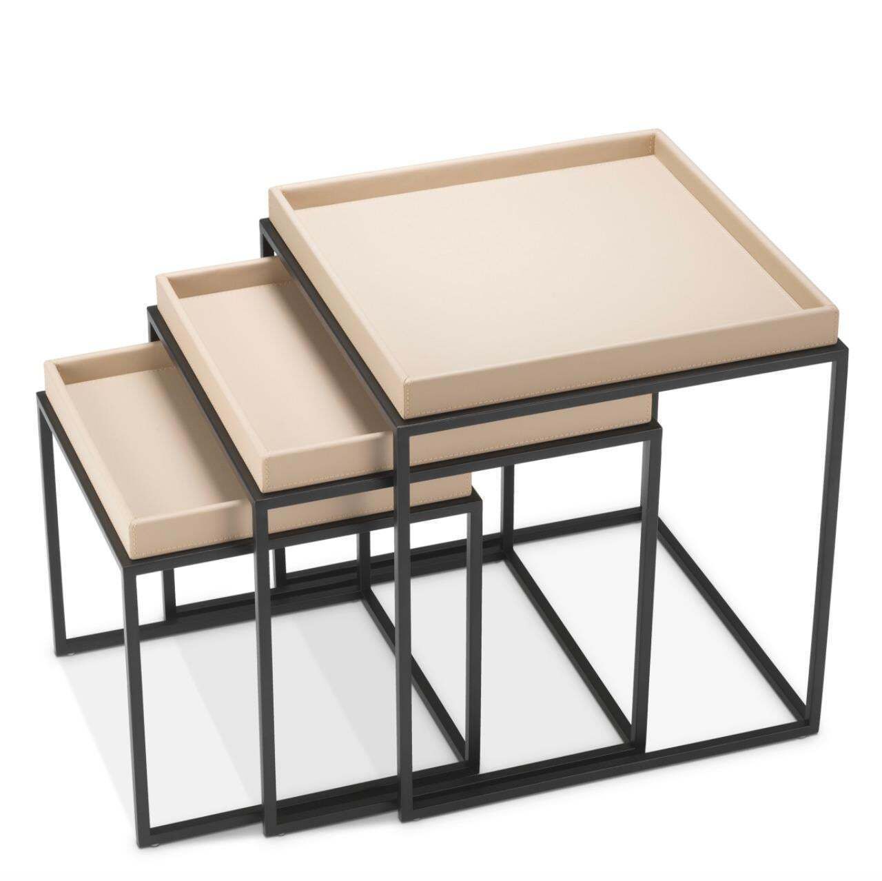 Set Of 3 Side Tables In Light Brown Faux Leather And Matte Black Finish photo for sale