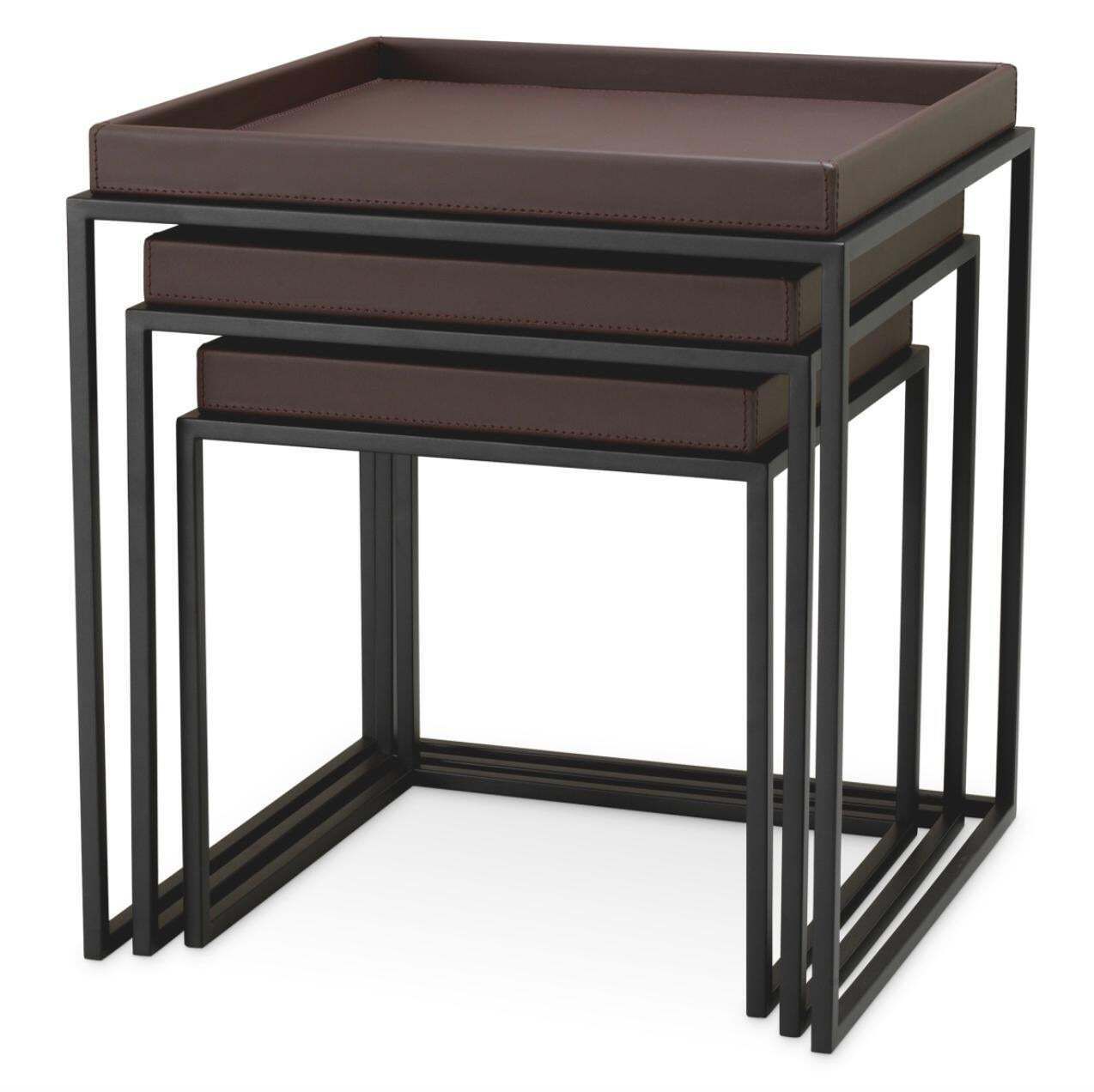 Set Of 3 Side Tables In Dark Brown Faux Leather And Black Finish photo Furniture