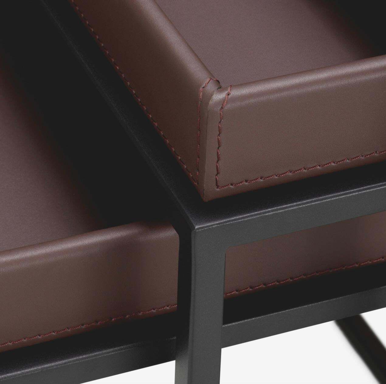 Set Of 3 Side Tables In Dark Brown Faux Leather And Black Finish photo vintage