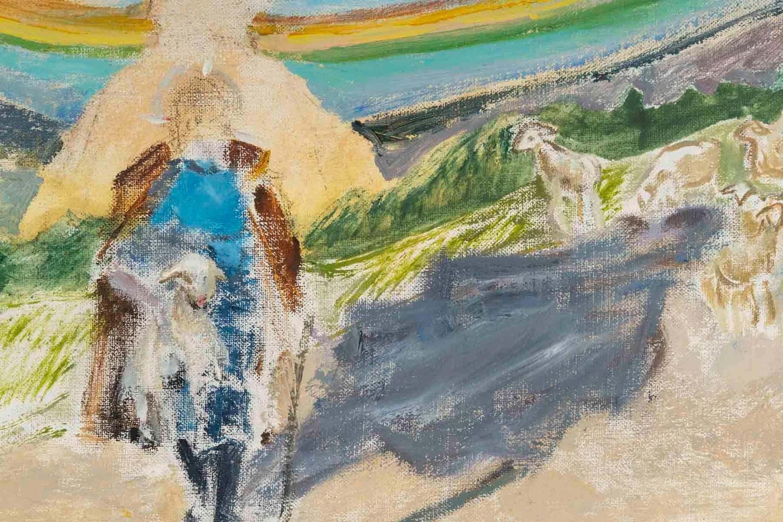 Oil On Canvas, Oil Painting, The Shepherd And His Sheep, Unsigned, 20th Century. photo for sale