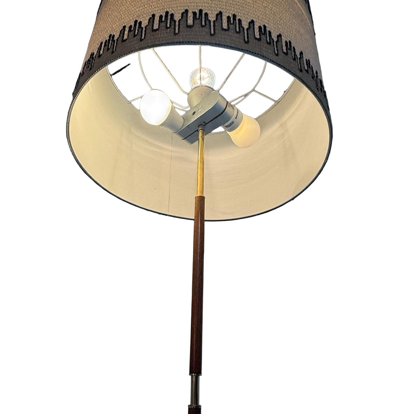 Temde Leuchten   Floor Lamp   Space Age Design   Brass And Teak Wooden Base   Fabric Covered Shade   Ca. 1960's photo vinterior