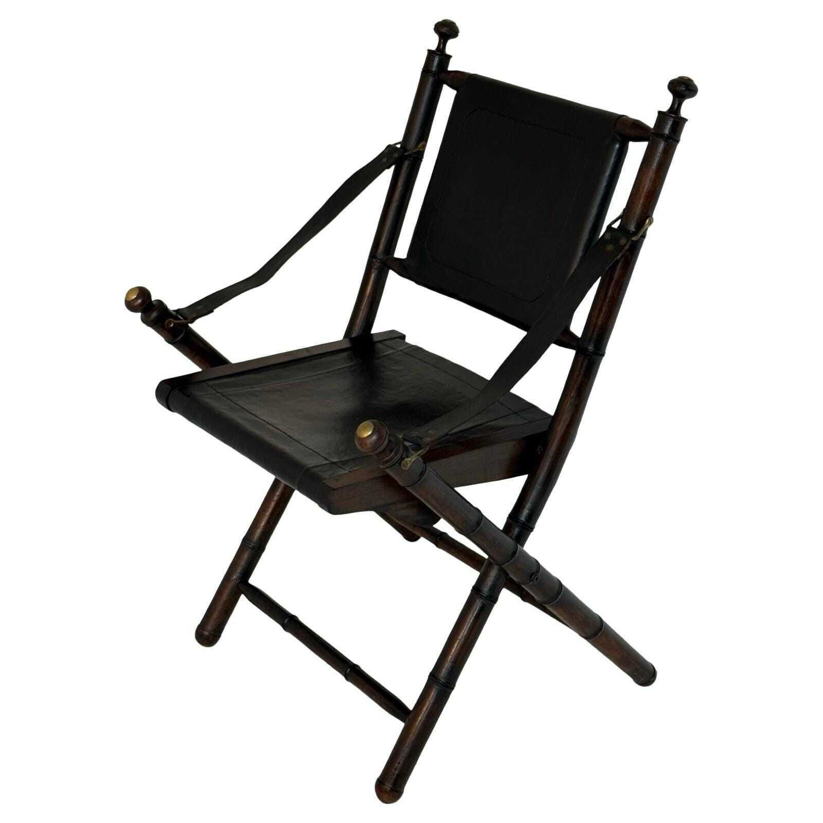 Officer's Chair   Wood And Leather Upholstery   Military Campaign Style