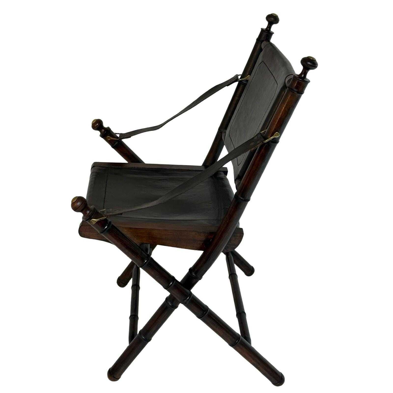Officer's Chair   Wood And Leather Upholstery   Military Campaign Style photo for sale