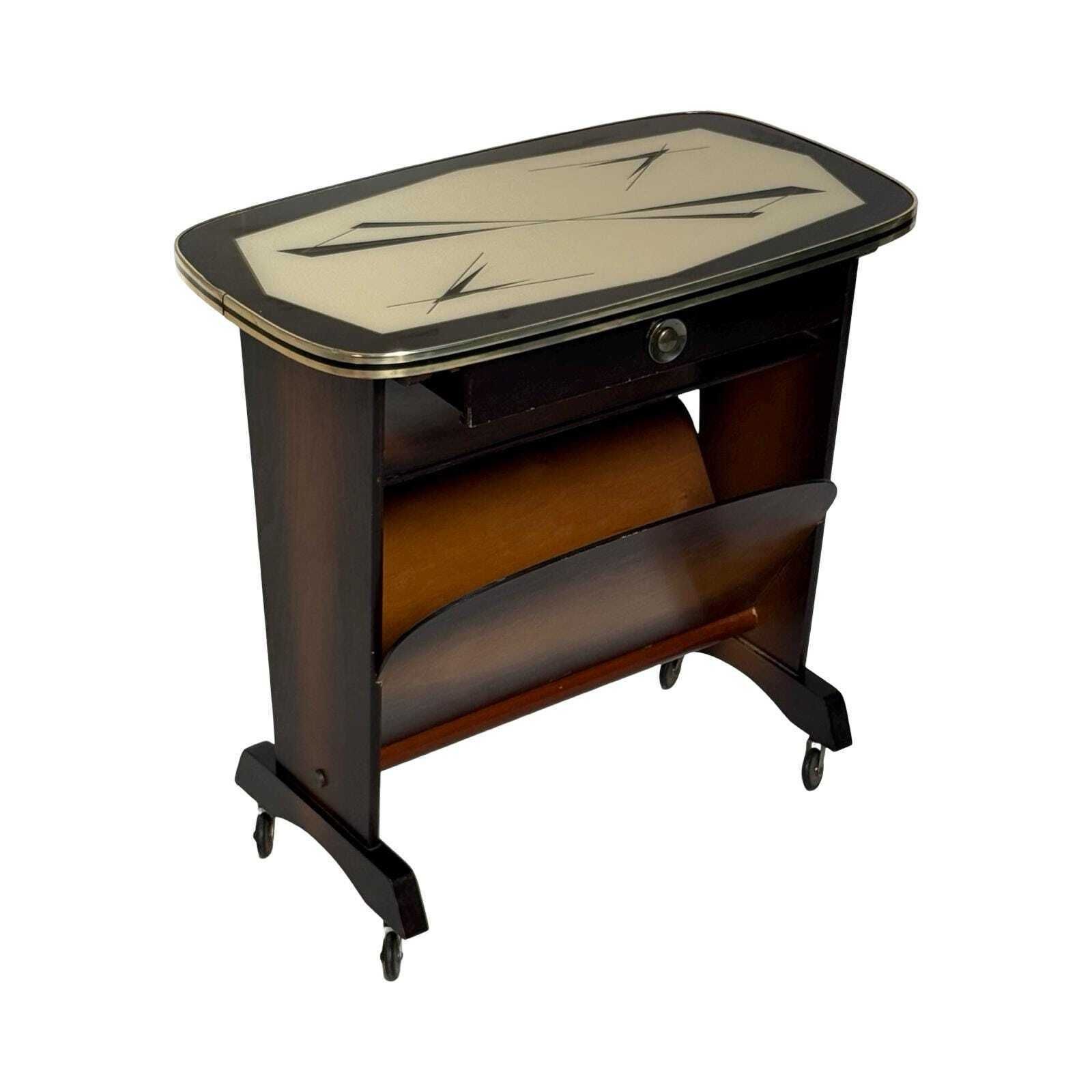 Atomic Age / Aft Deco Style   Newspaper Basket / Magazine Rack   Side Table   Ca. 1950's   With Glass Top, Mounted On Casters