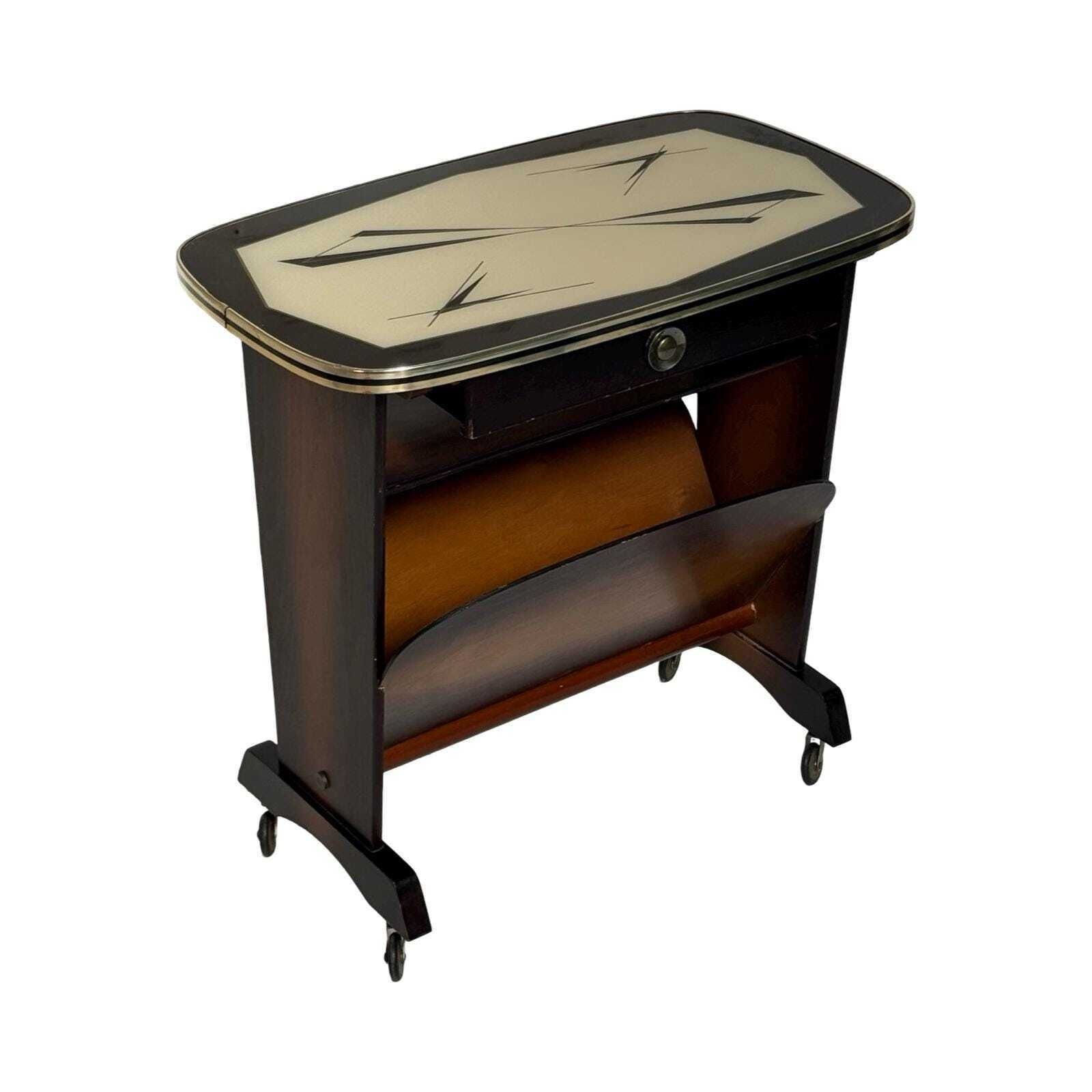 Atomic Age / Aft Deco Style   Newspaper Basket / Magazine Rack   Side Table   Ca. 1950's   With Glass Top, Mounted On Casters photo 264.0