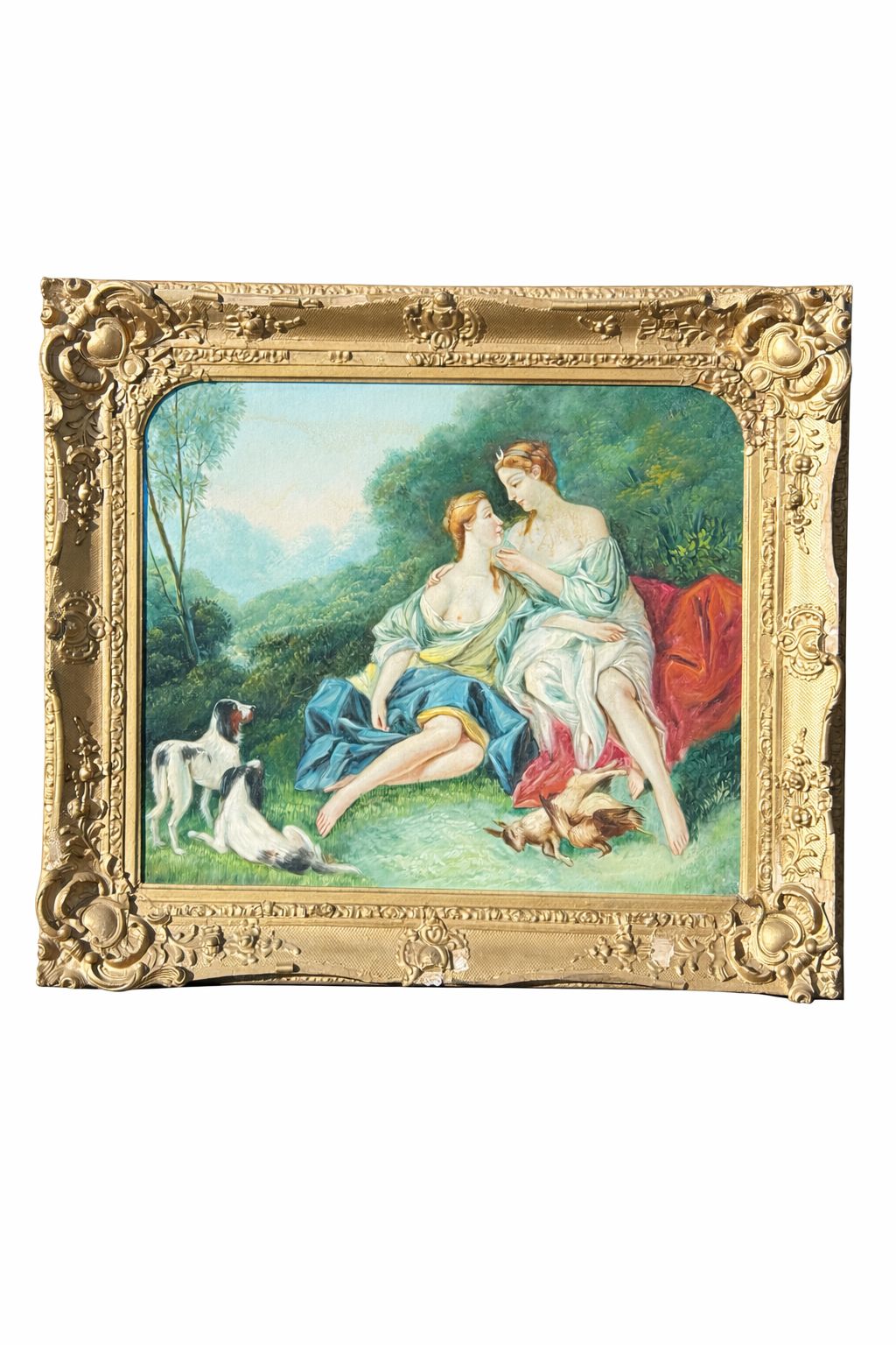 Framed Romantic Pastoral Painting – Rococo Style Scene With Figures – Ornate Gilt Frame