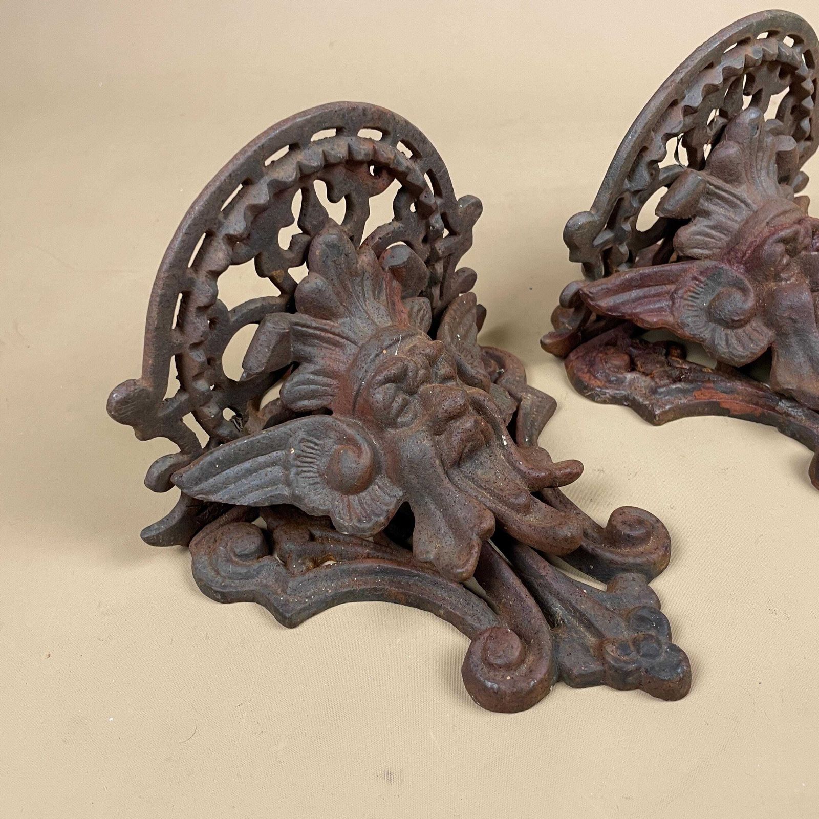 Antique Cast Iron Wall Shelf Set Wall Plant Holder Bracket Ornate Rustic Male Face Figurative Ornament Weathered Heavy Victorian Style photo furniture
