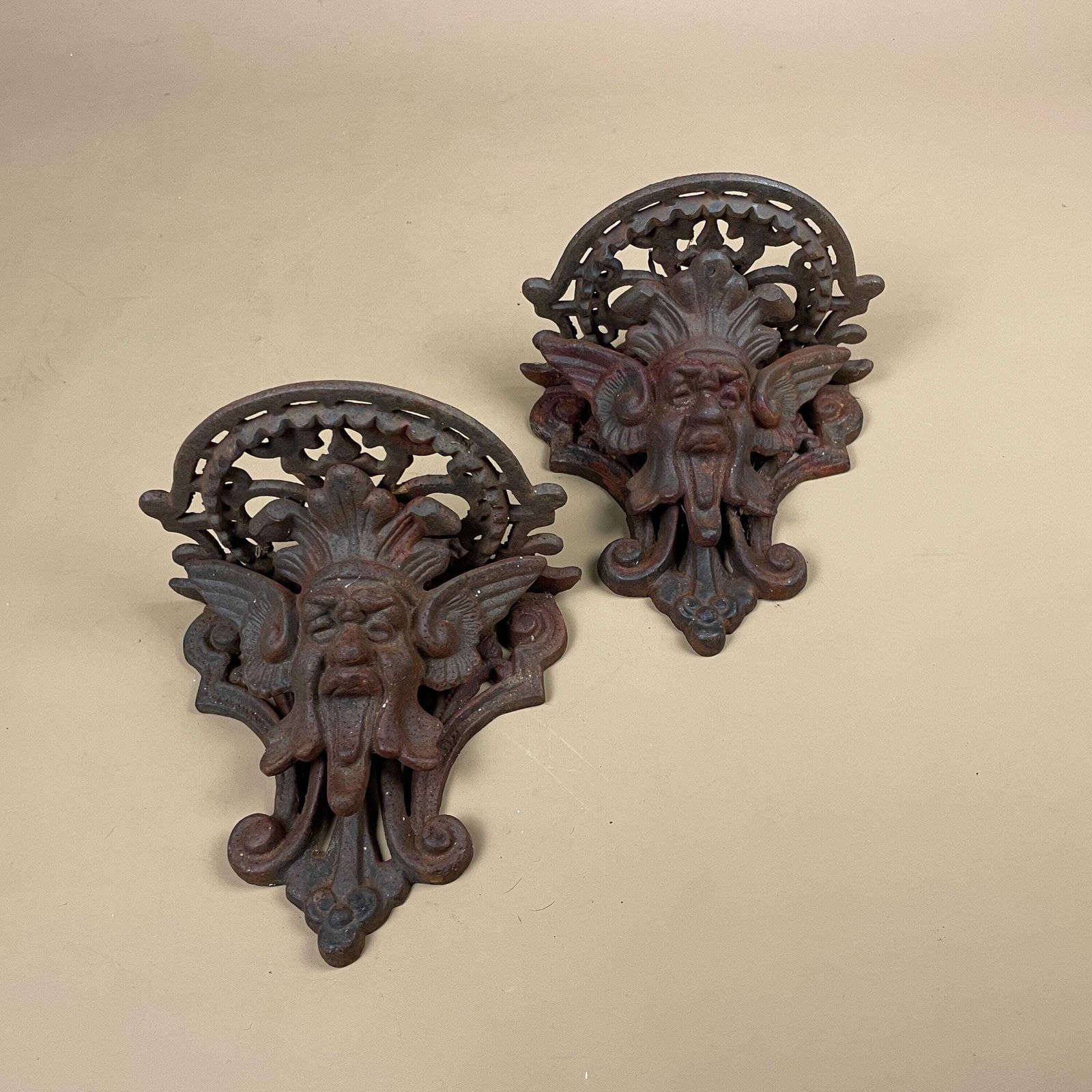 Antique Cast Iron Wall Shelf Set Wall Plant Holder Bracket Ornate Rustic Male Face Figurative Ornament Weathered Heavy Victorian Style photo Furniture