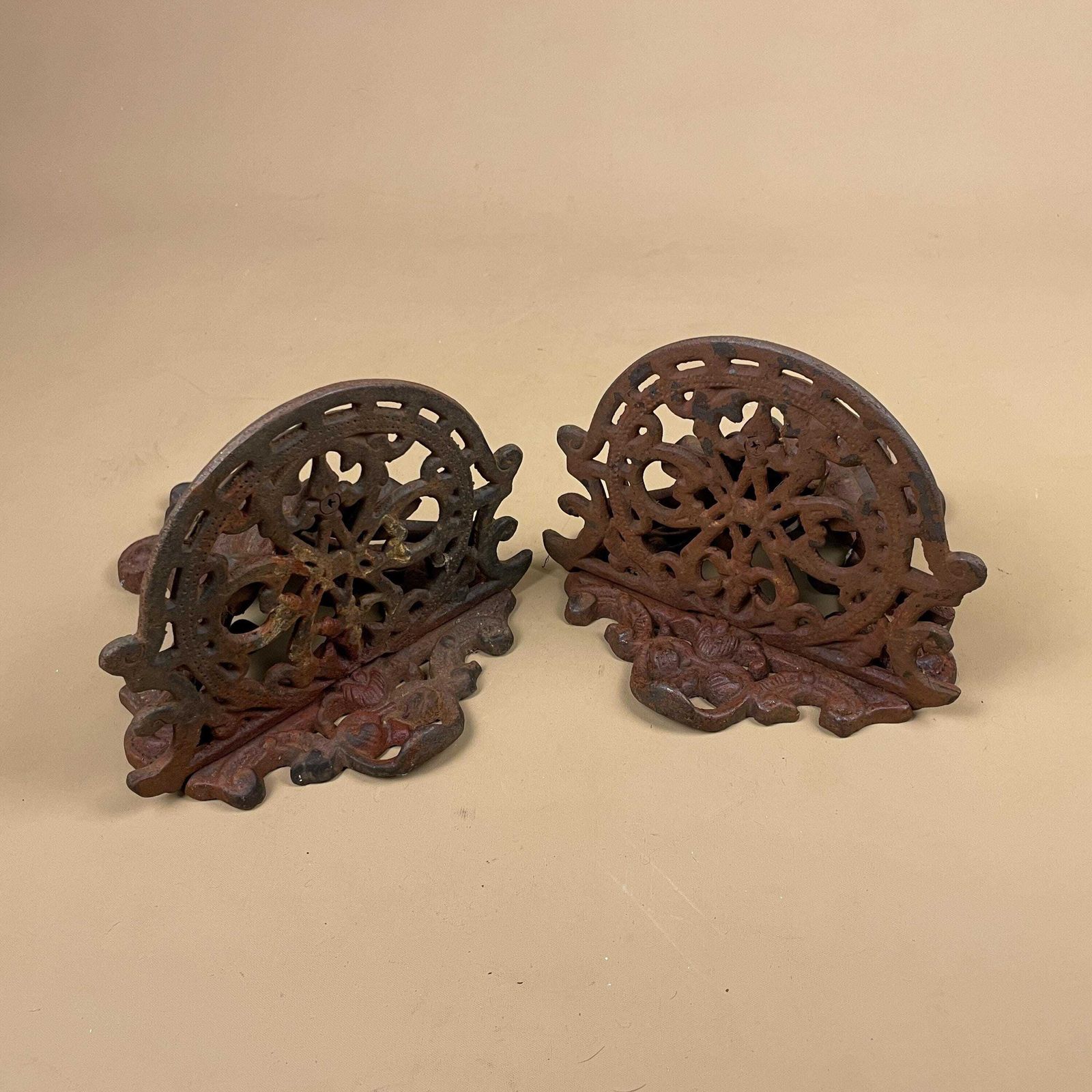 Antique Cast Iron Wall Shelf Set Wall Plant Holder Bracket Ornate Rustic Male Face Figurative Ornament Weathered Heavy Victorian Style photo vintage