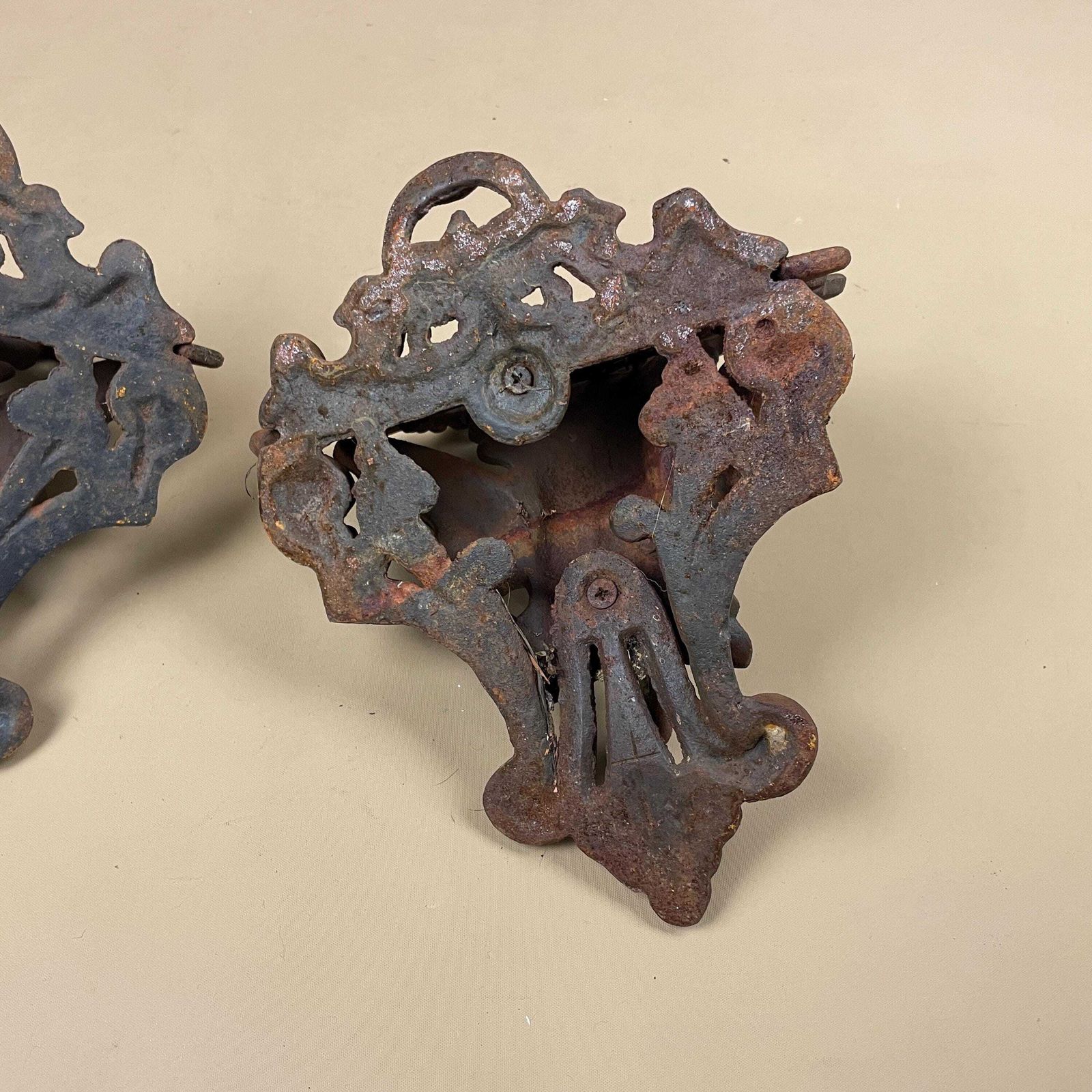 Furniture Antique Cast Iron Wall Shelf Set Wall Plant Holder Bracket Ornate Rustic Male Face Figurative Ornament Weathered Heavy Victorian Style photo