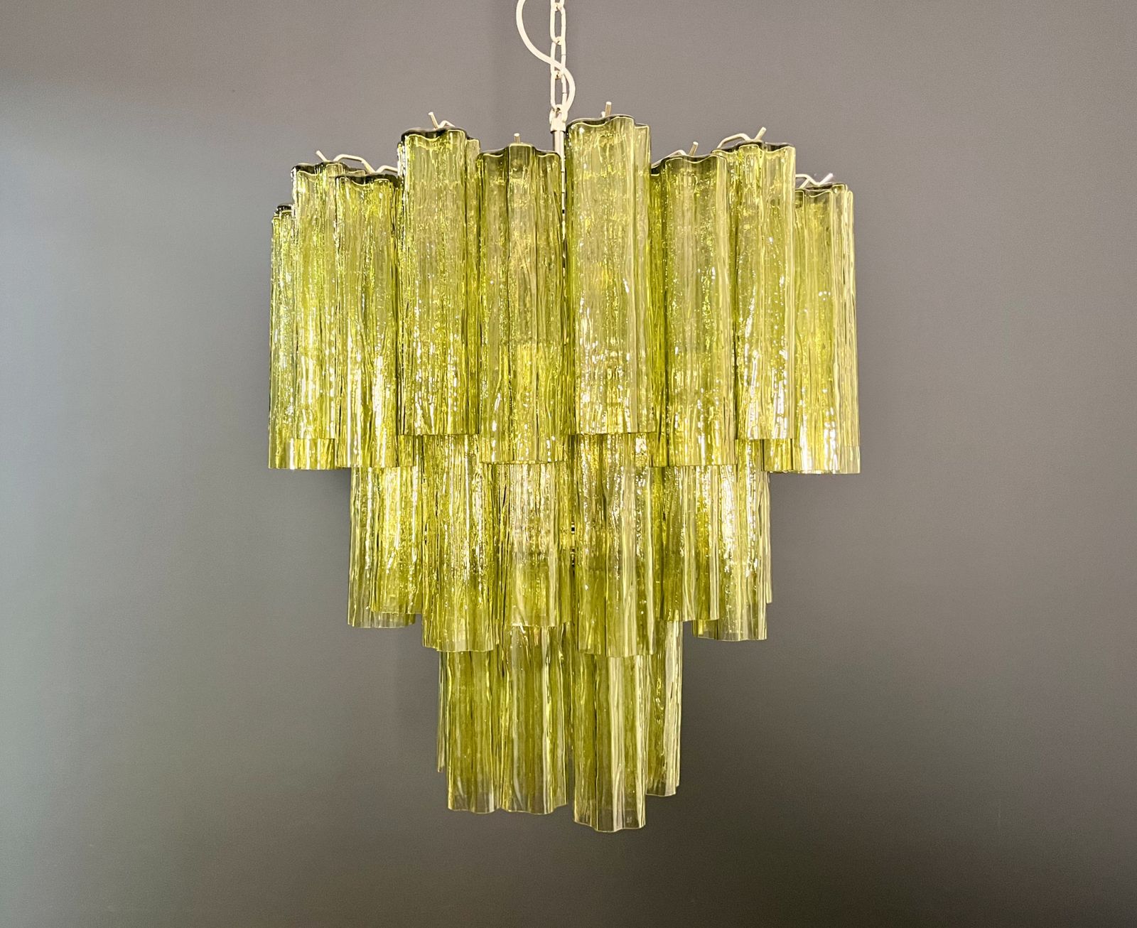Three Tier Murano Glass Tube Chandelier   48 Green Glasses   Mid Century Modern