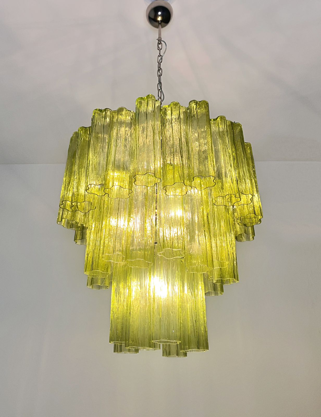 1380.0 Three Tier Murano Glass Tube Chandelier   48 Green Glasses   Mid Century Modern photo