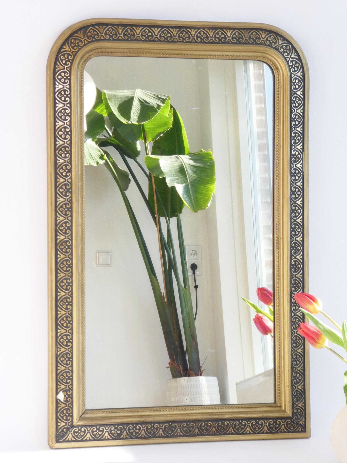 French 19th Century Gold Louis Philippe Mirror, Antique Arched Tall Gilded Mantle Mirror. photo furniture