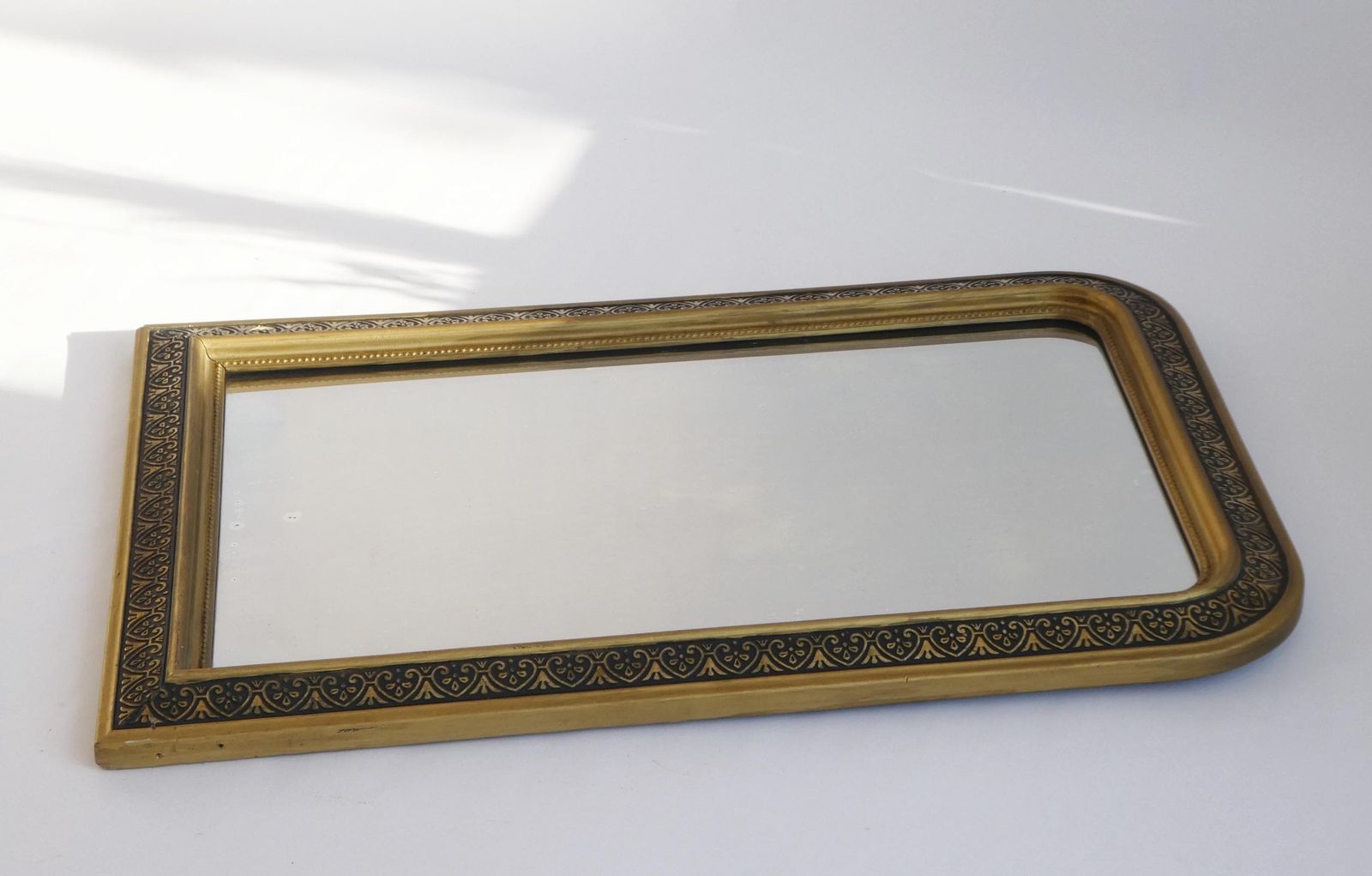 photo for sale French 19th Century Gold Louis Philippe Mirror, Antique Arched Tall Gilded Mantle Mirror.
