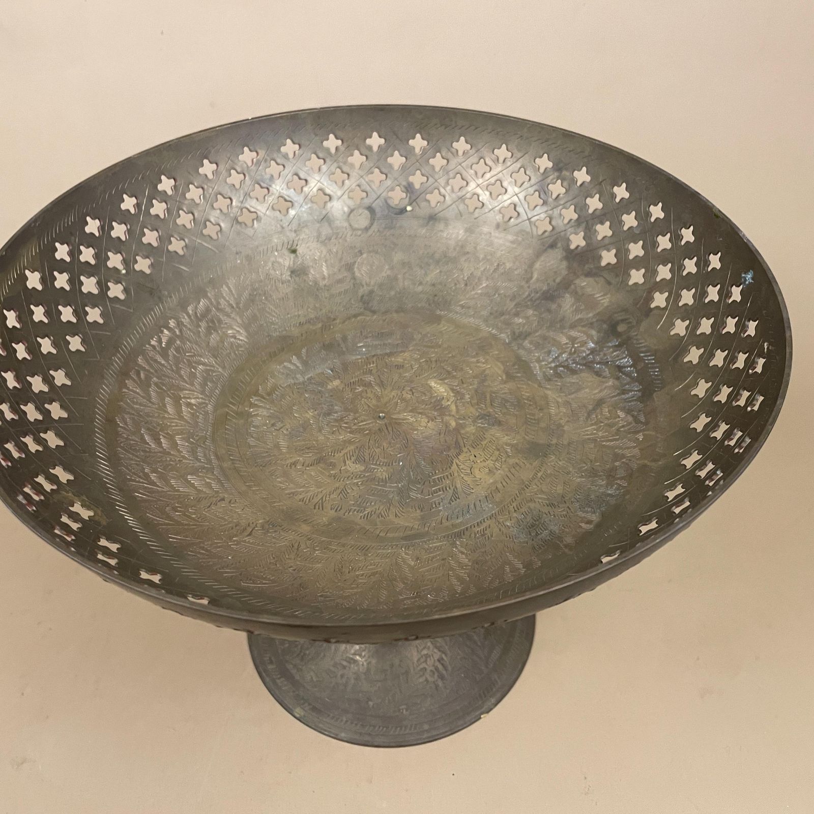 Antique Brass Indian Pedestal Bowl Fruit Dish Gold Metal Ornate Table Display Handmade Etched Decorative Round Centrepiece. photo Home Decor